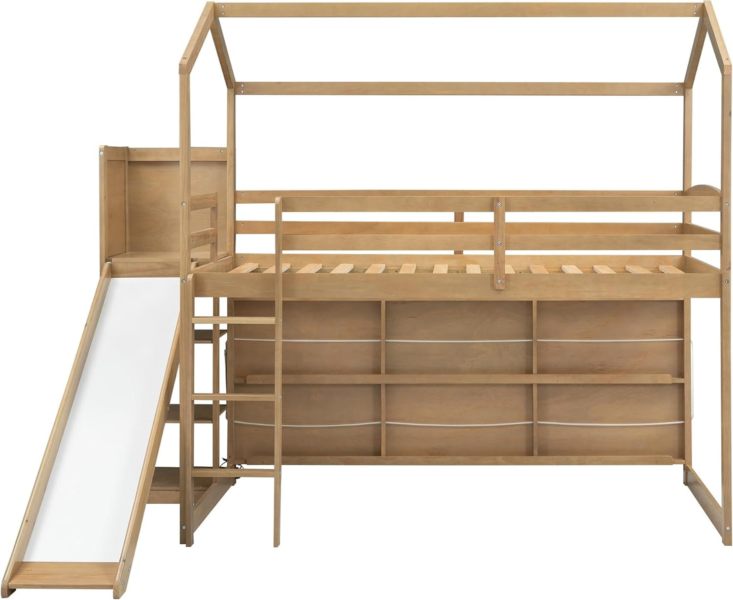 Modern Style 96.1" L Twin Size Wood Frame Loft House-Shape Bed,with Slide, Storage Shelves and Light, Climbing Ramp, Wood Color,1pcs