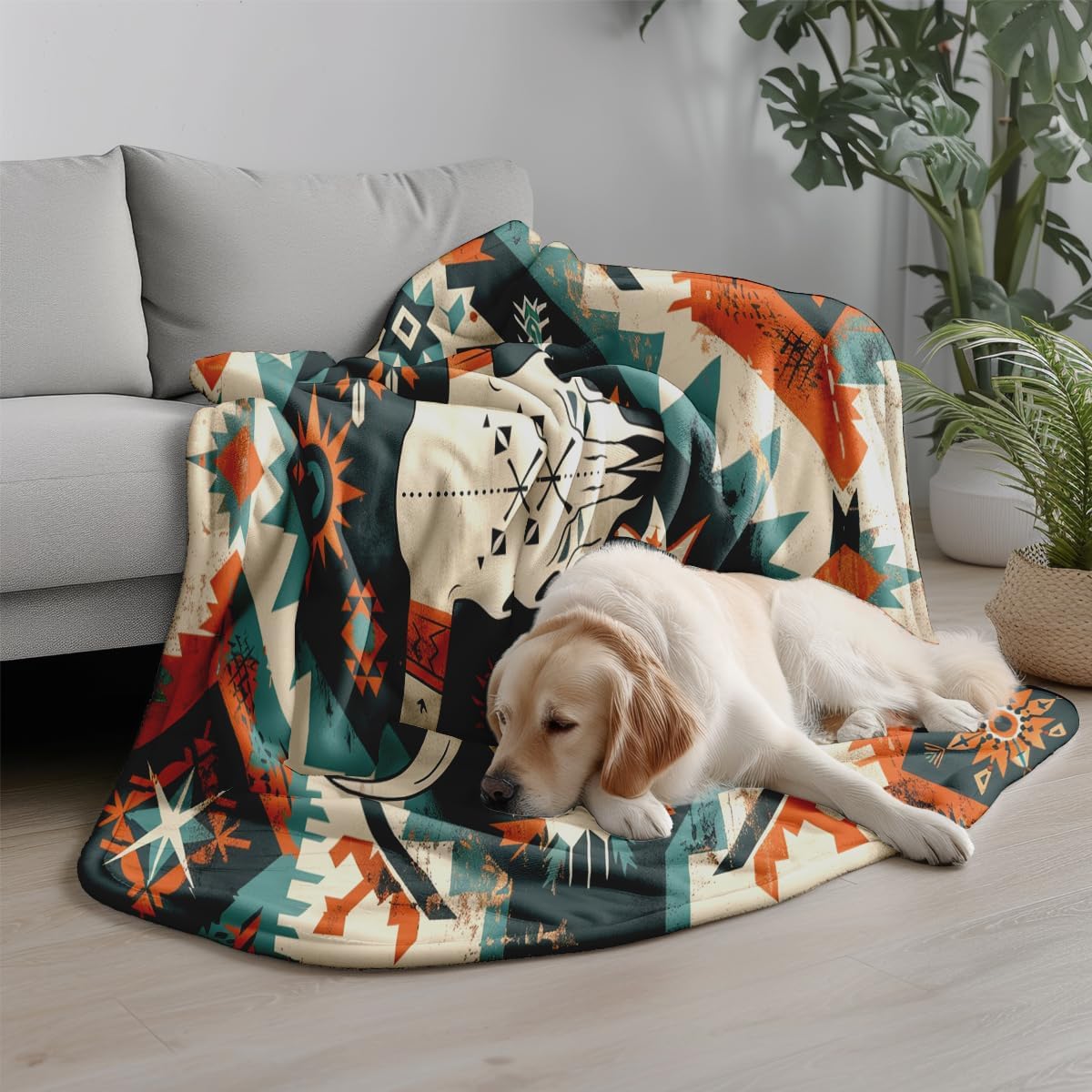 Southwestern Tribal Throw Blanket, Bull Skull Aztec Soft Fleece Blanket for Naps, Outdoor, Travel, Office, Gift (50 x 60 inch)