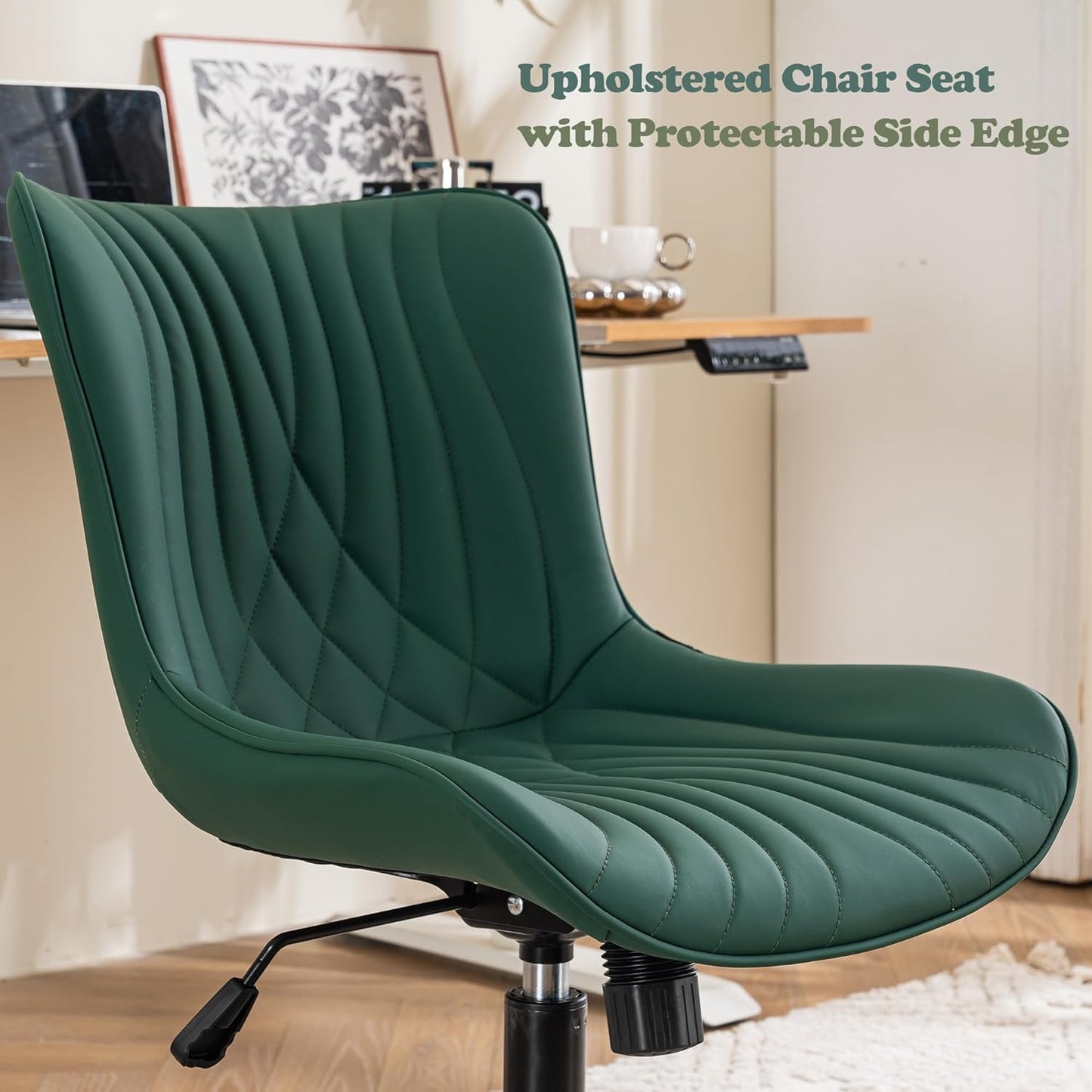 YOUTASTE Dark Green Armless Office Chair, Modern Adjustable Swivel Desk Chair with Wheels, Upholstered PU Leather, Black Metal Legs, Back Support for Home Office, Study, Vanity, Bedroom