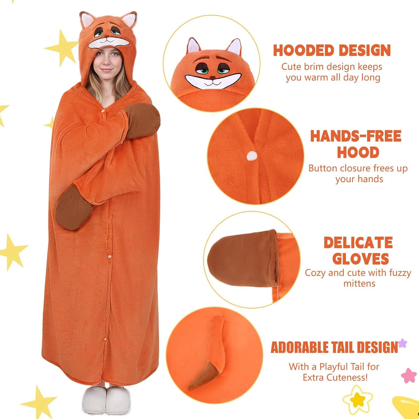 Wearable Blanket Hoodie- Super Soft Fox Blanket Hooded Women Men, Perfect Animal Fox Gifts for Adults Birthday Festival Holiday