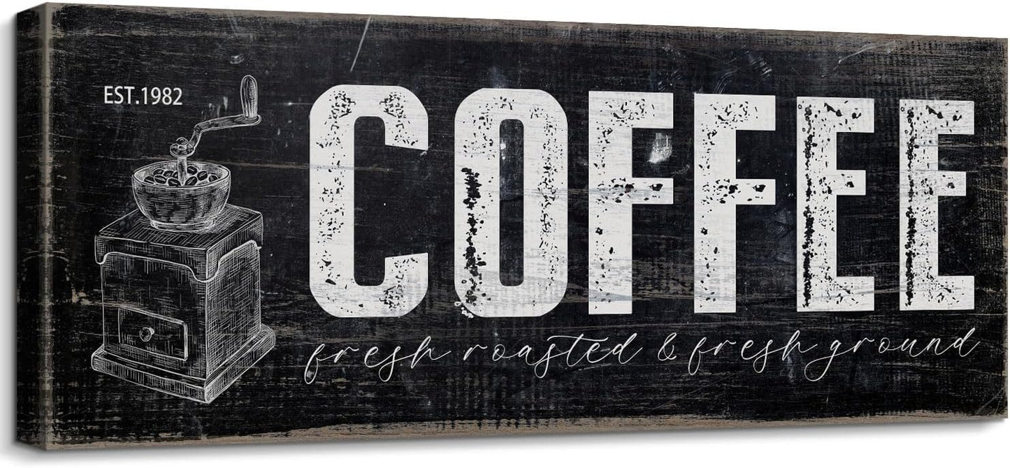 Distressed Coffee Bar Plaque Sign for Kitchen Station Fresh Roasted & Fresh Grind Black and White Canvas Wall Art for Home Cafe Corner Pantry Countertop Decorations 6"x17"