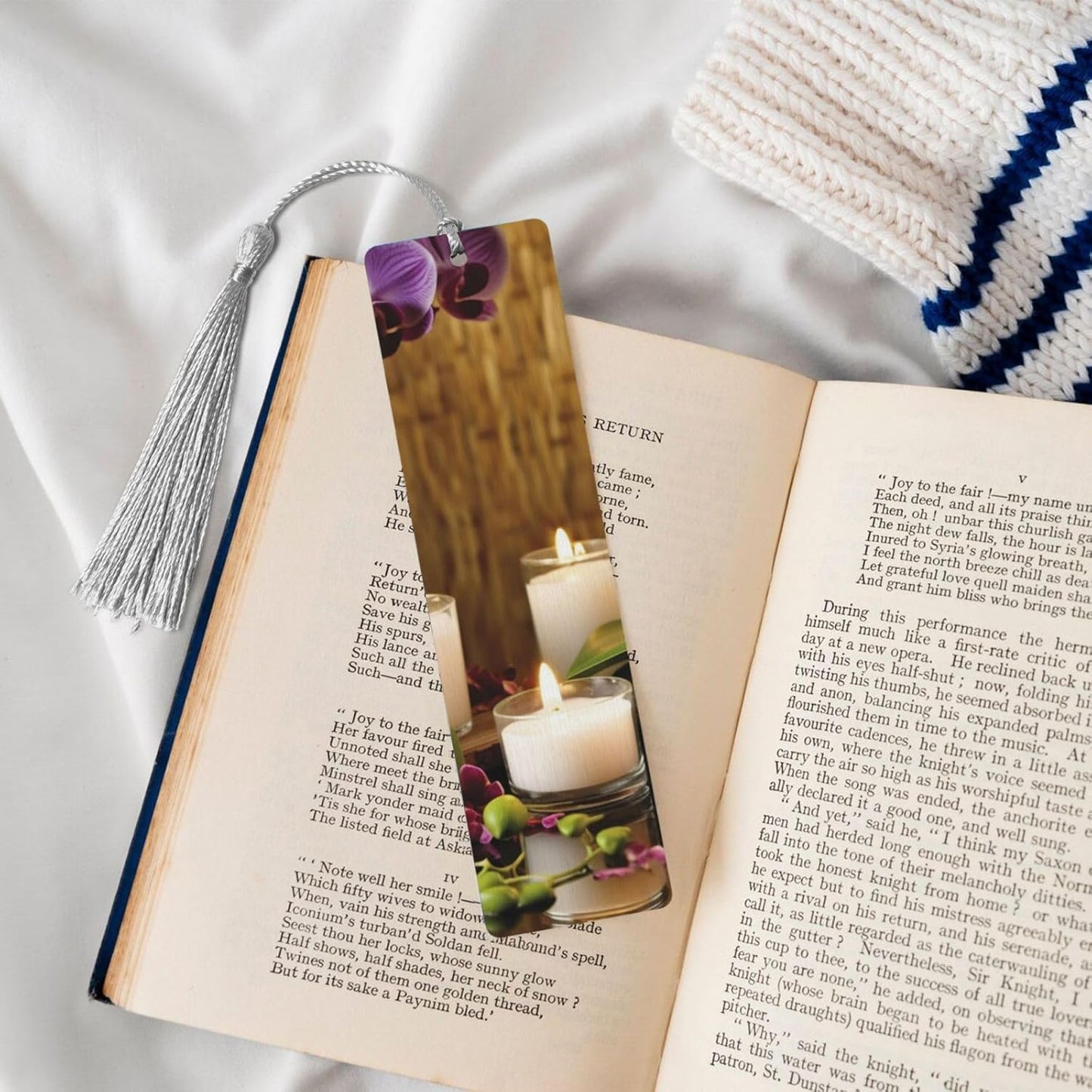 Candles and Orchids Wooden Bookmarks Handmade Double-Sided Printed Book Marks Page Markers with Gray Tassels Book Accessories Gift for Book Lovers Women Men
