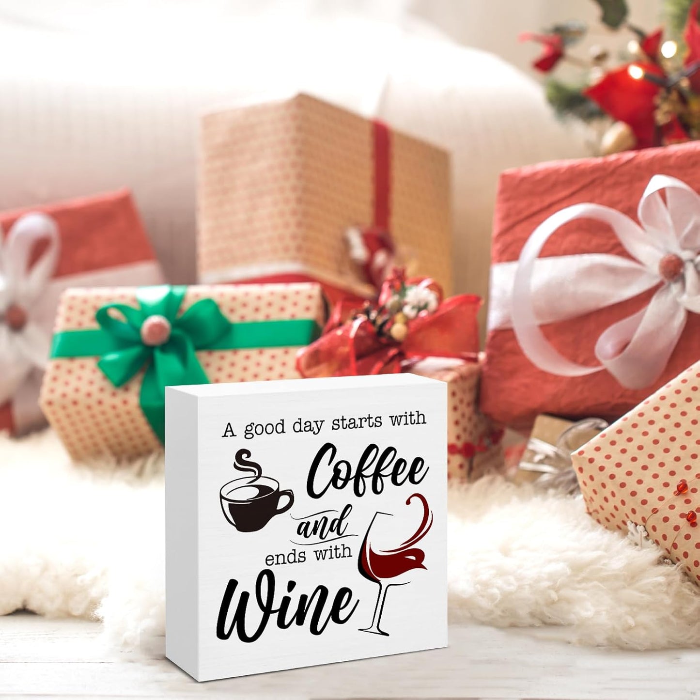 Coffee Wine Bar Decor Sign, Gifts For Colleagues Friends, Rustic Wood Block Sign for Home Kitchen Bar Shelf Table Decoration 5 x 5 Inches