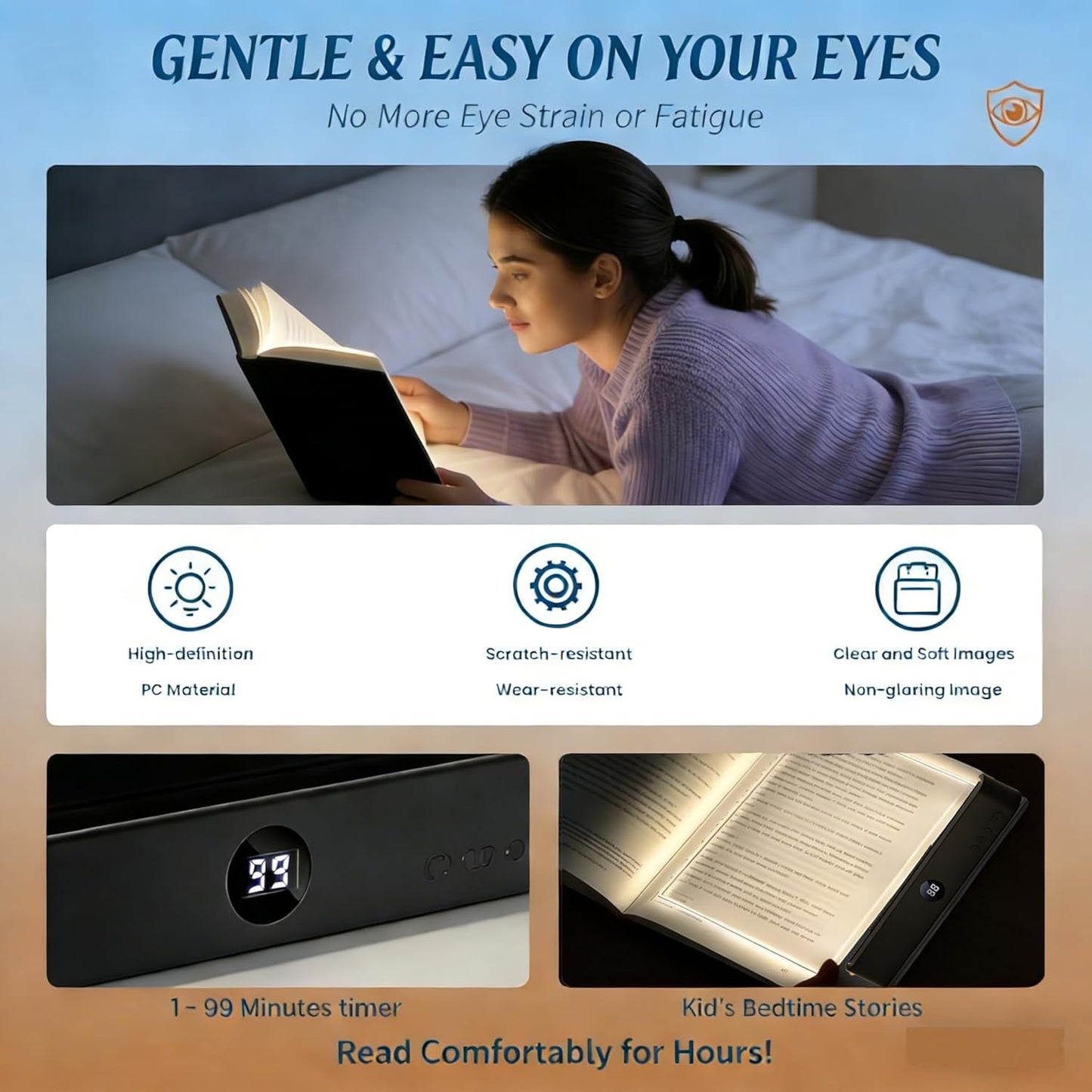 Smart LED Reading Light, Rechargeable Flat Book Light for Night Reading, Dimmable Full Page Panel Lamp with 3 Colors & Timer, Eye Protection Portable Lamp for Bedside, Travel, Study