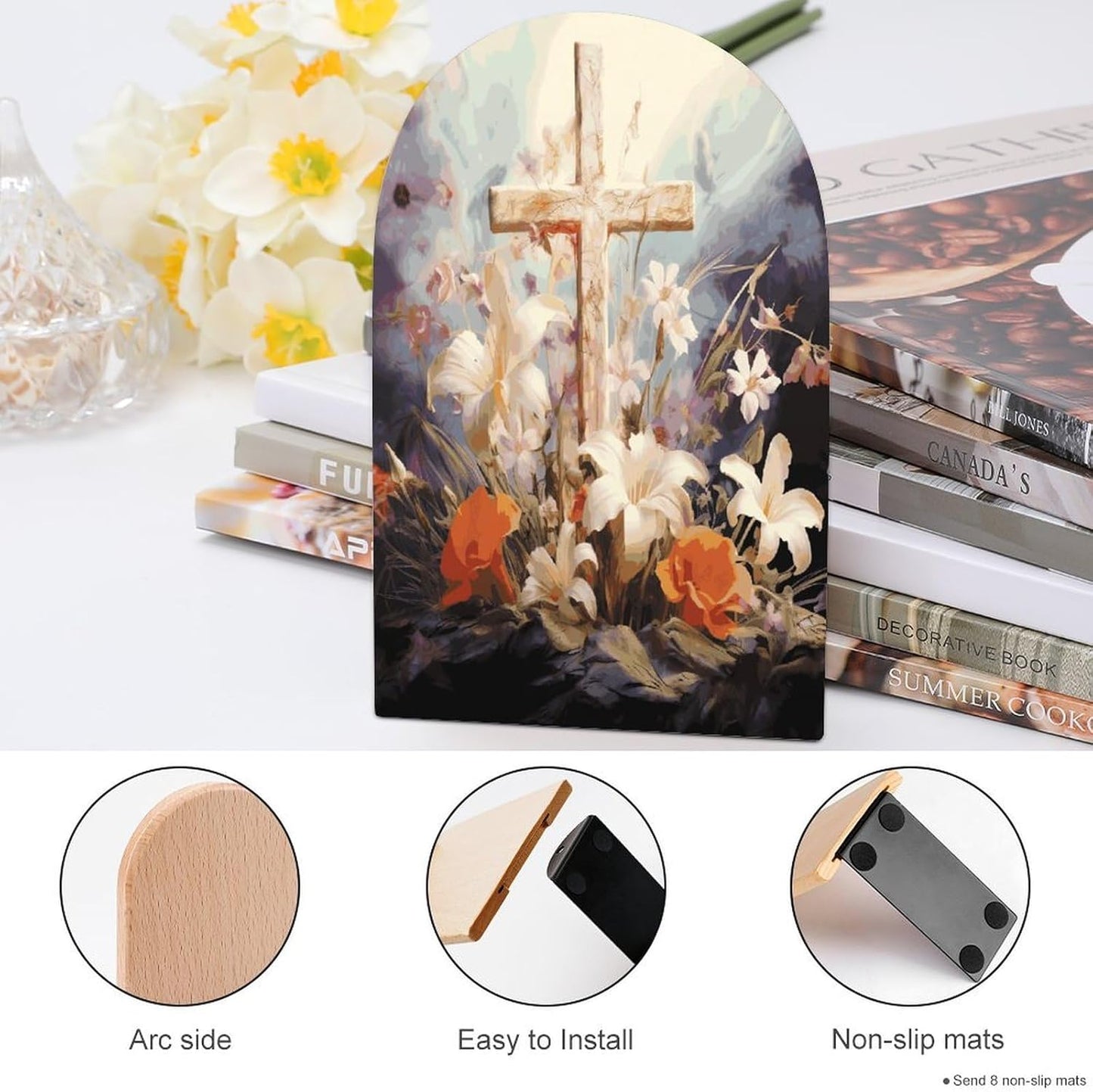 Non-Slip Bookend for Shelves Easter Cross Art Wooden Bookends with Metal Base Decorative Book Stopper for Home Heavy Duty Wood Book Storage for Books/CDs