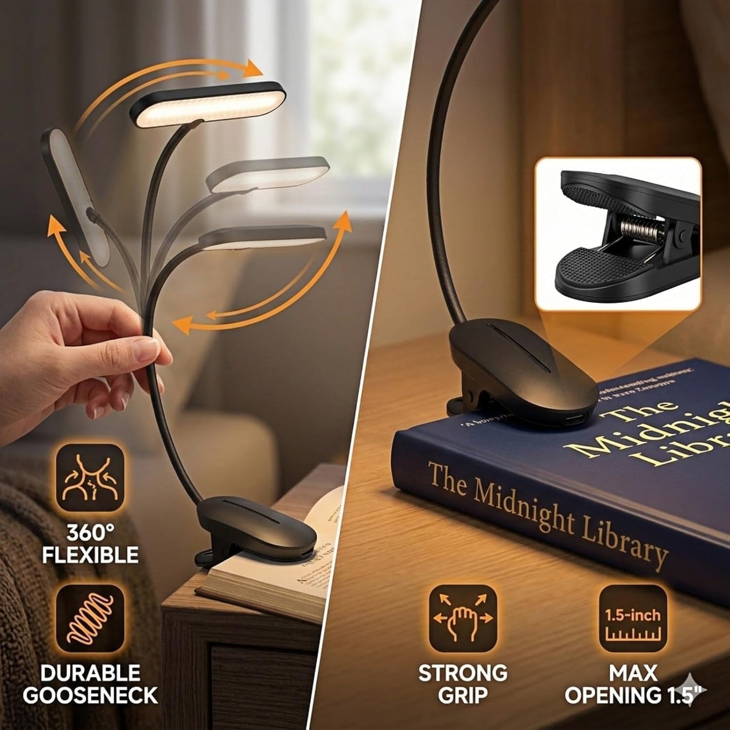 TATAANTY 14 LED Rechargeable Book Light for Reading in Bed, 3 Color Temperatures & Stepless Dimming, Up to 80H Runtime, Eye-Caring Amber Light, Lightweight Clip-on Reading Lamp for Book Lovers & Kids