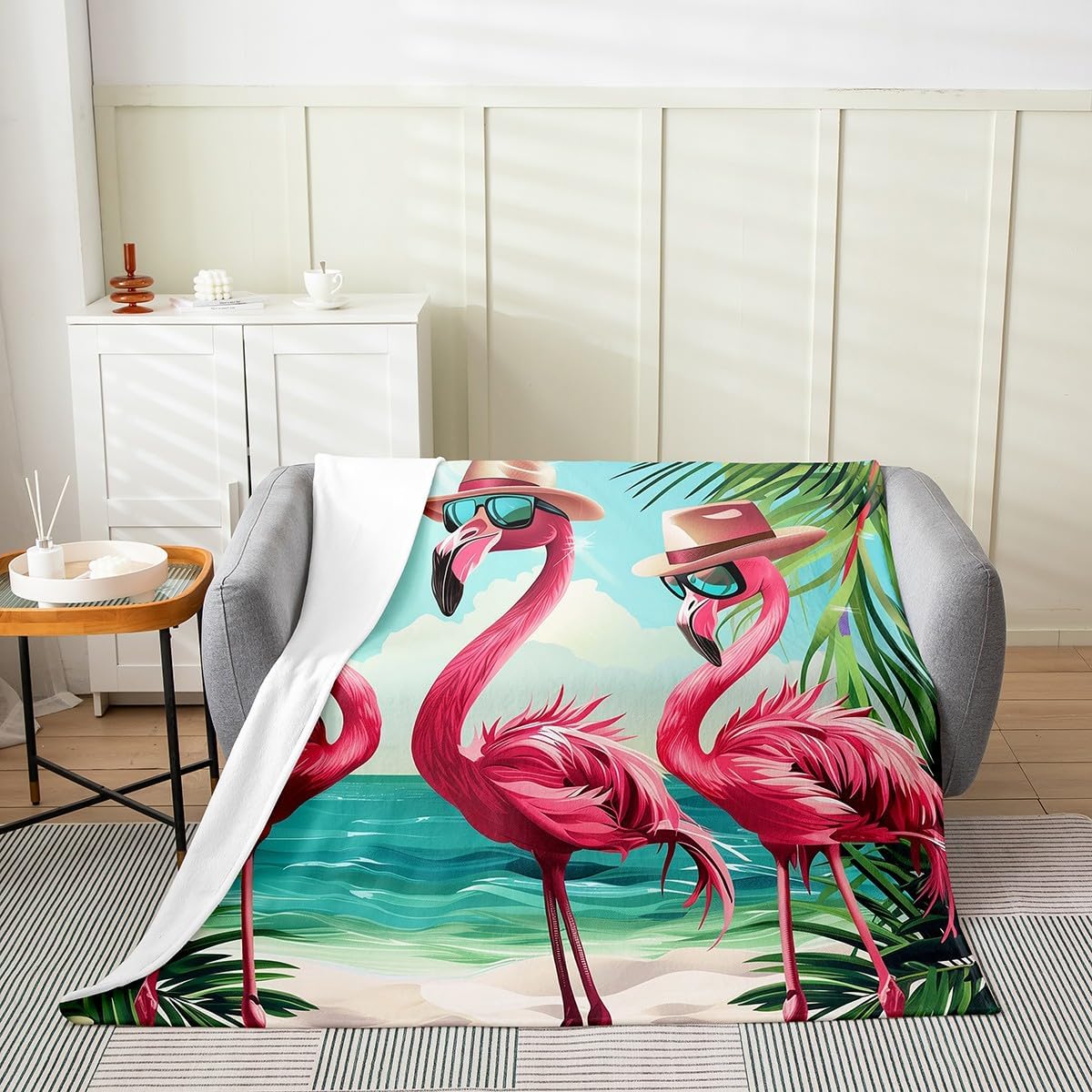Erosebridal Flamingos Queen 90x90 Blanket, Sunglasses Blue Waves Throw Blanket, Palm Trees Tropical Hawaii Summer Holiday Style Fleece Blanket, Kawaii Animal Fuzzy Blanket for Teens, Pink