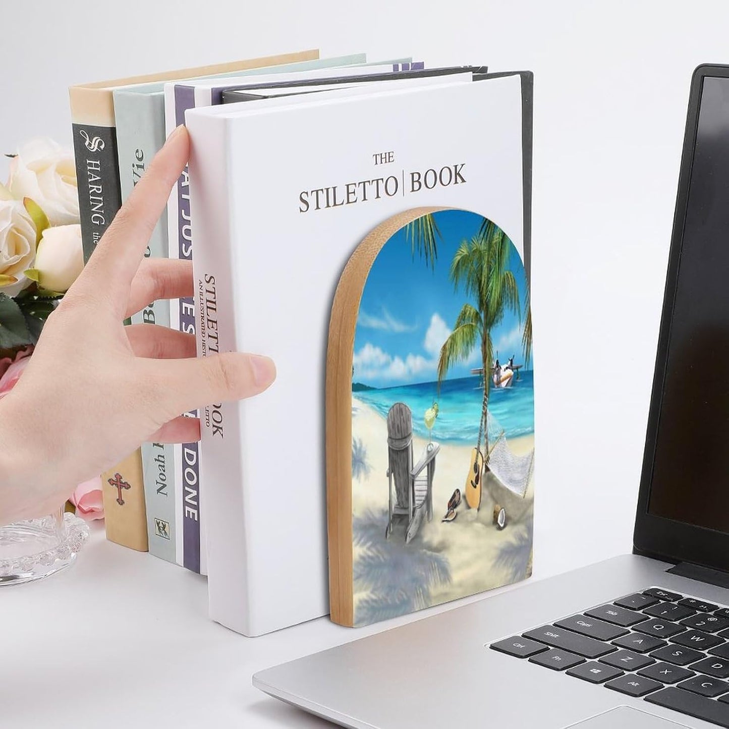 Guitar on The Beach Wooden Bookend Non-Slip Book Ends Heavy Duty Book Stopper with Metal Base Books Holderd Decorative Bookends Stands Firmly for Office Supplies