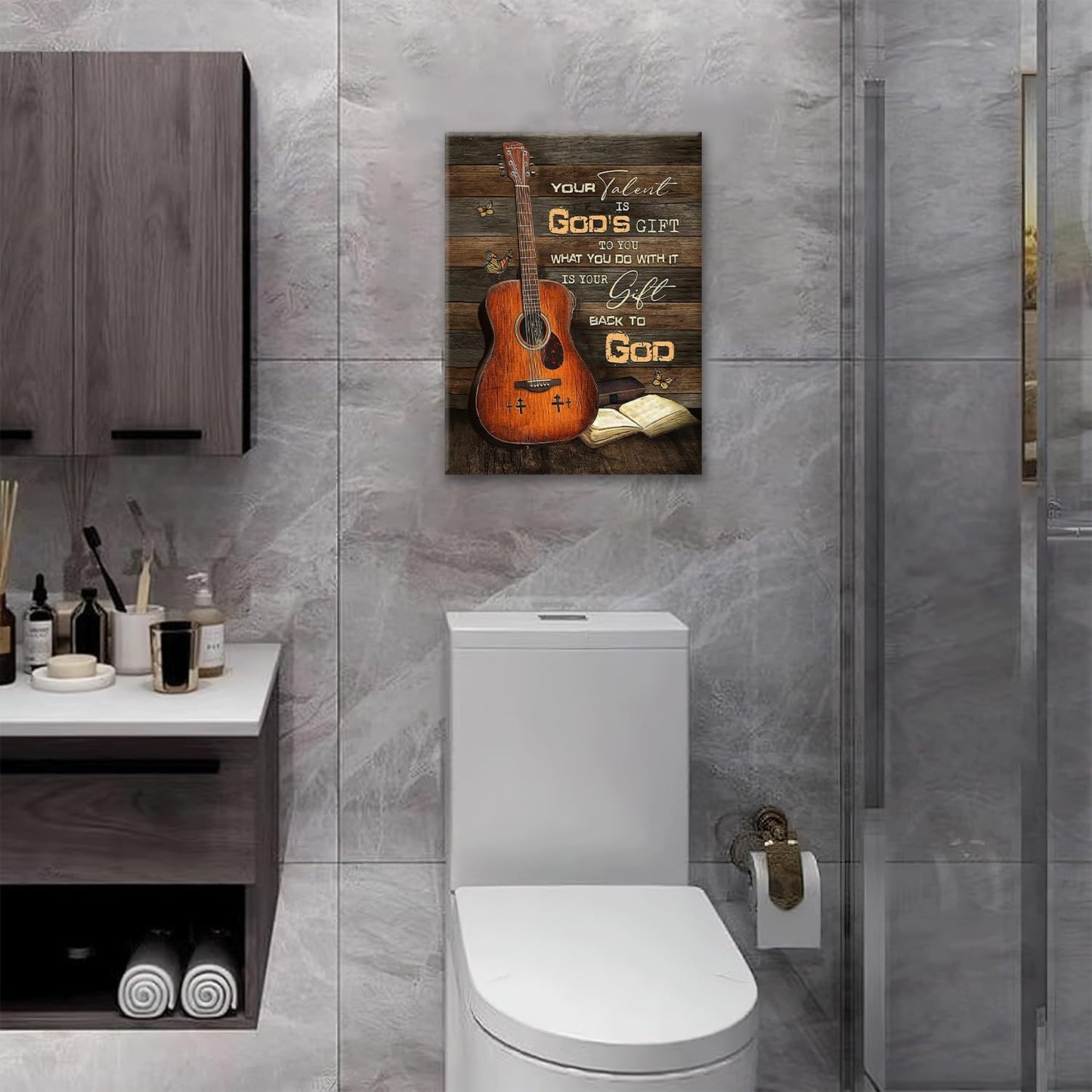 Guitar Canvas Wall Art Vintage Musical Christian Pictures for Kitchen Bedroom Bathroom Office Retro Guitar Music Print Religious Painting Farmhouse Modern Artwork Framed Wall Decor 16" x 12"