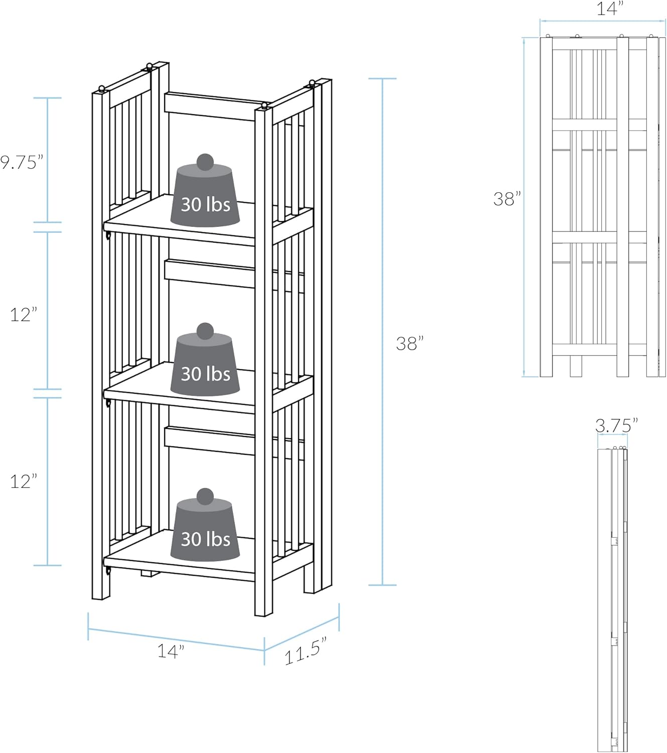 Casual Home 3-Shelf Folding Bookcase, 14" Wide, White