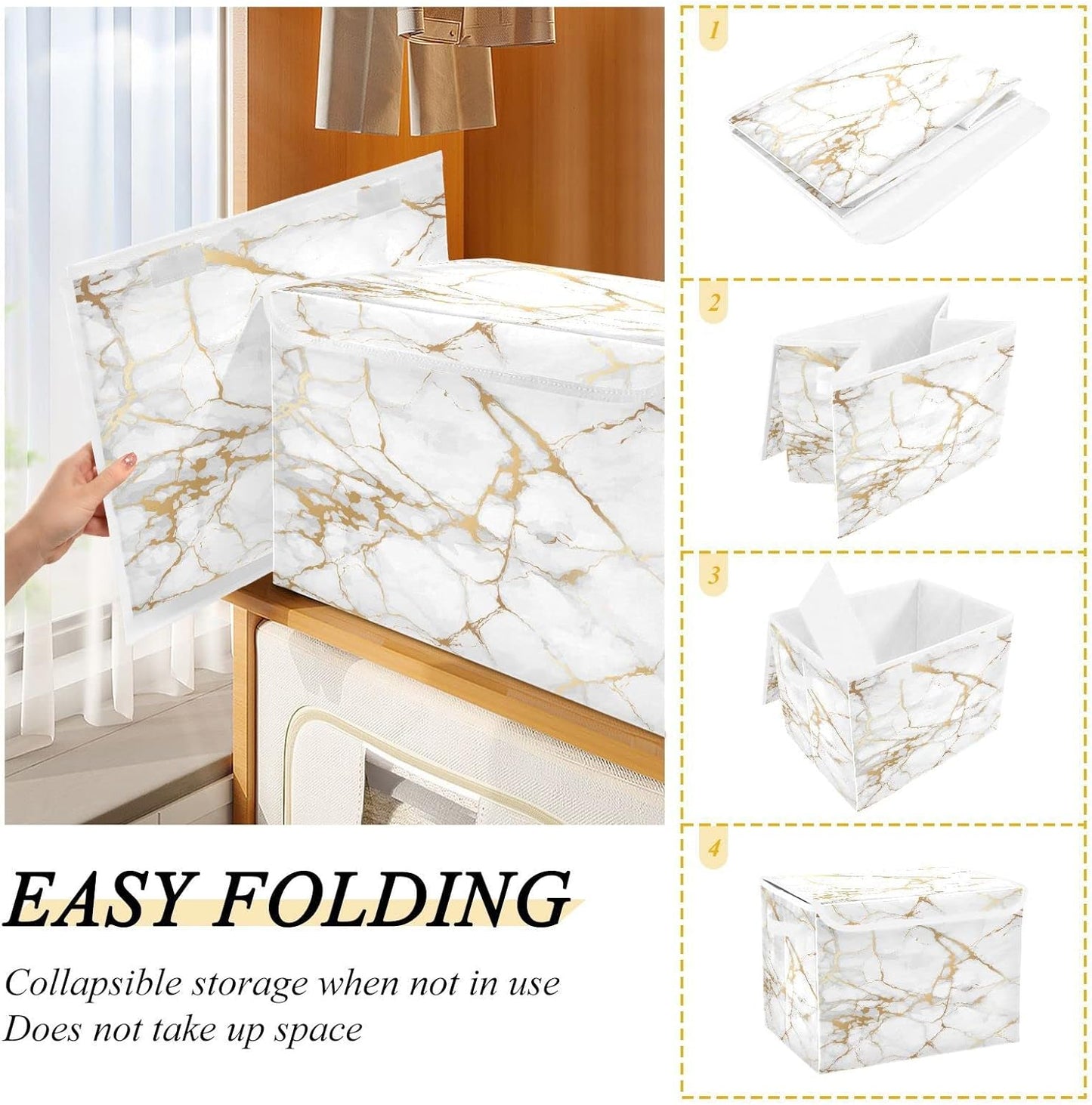 Storage Bin with Lid Gold Geometric Marble White Golden Edge Foldable Storage Box Washable Fabric Storage Cubes Bin Organizer Basket Closet for Home Bedroom Closet Nursery Office