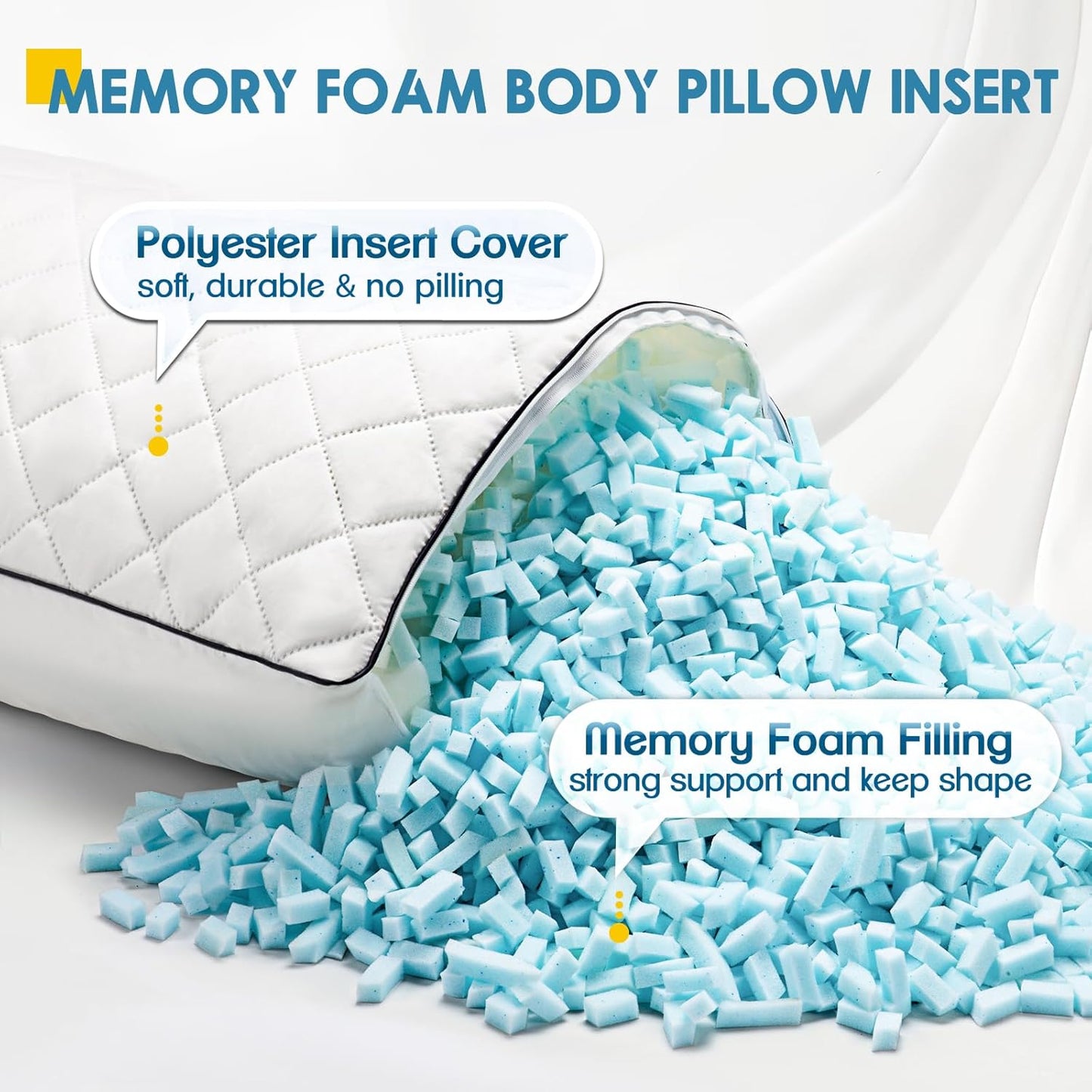 MAGIC ELEPHANT Body Pillow, Memory Foam Body Pillow for Adults, Long Pillow for Bed and Sleeping, Full Long Bed Pillow (White-Without Cover, 20x54 Inch)