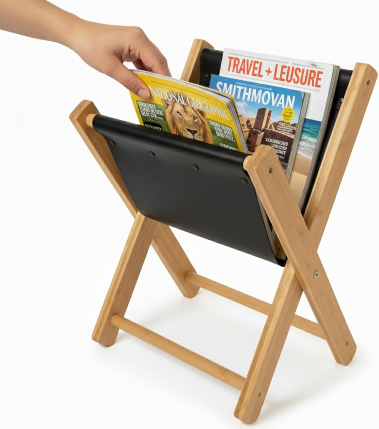Premium Leather Magazine Holder - Wooden Magazine Rack Floor Standing - Brochure Holder and Book Display Stand - Modern Magazine File Holder & Newspaper Rack for Home, Bathroom, Office Decor