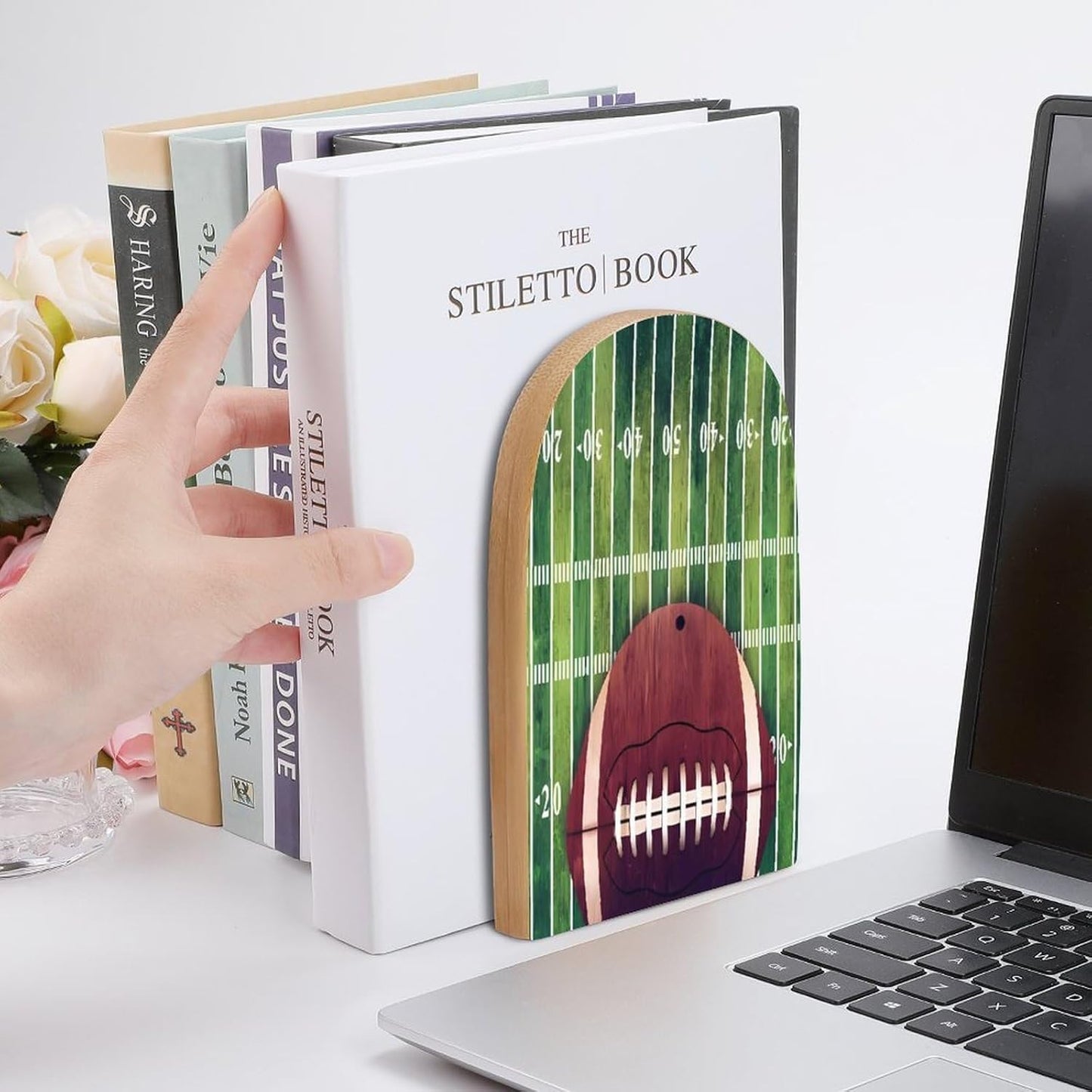 American Football Field and Ball Wooden Bookend Non-Slip Book Ends Heavy Duty Book Stopper with Metal Base Books Holderd Decorative Bookends Stands Firmly for Office Supplies