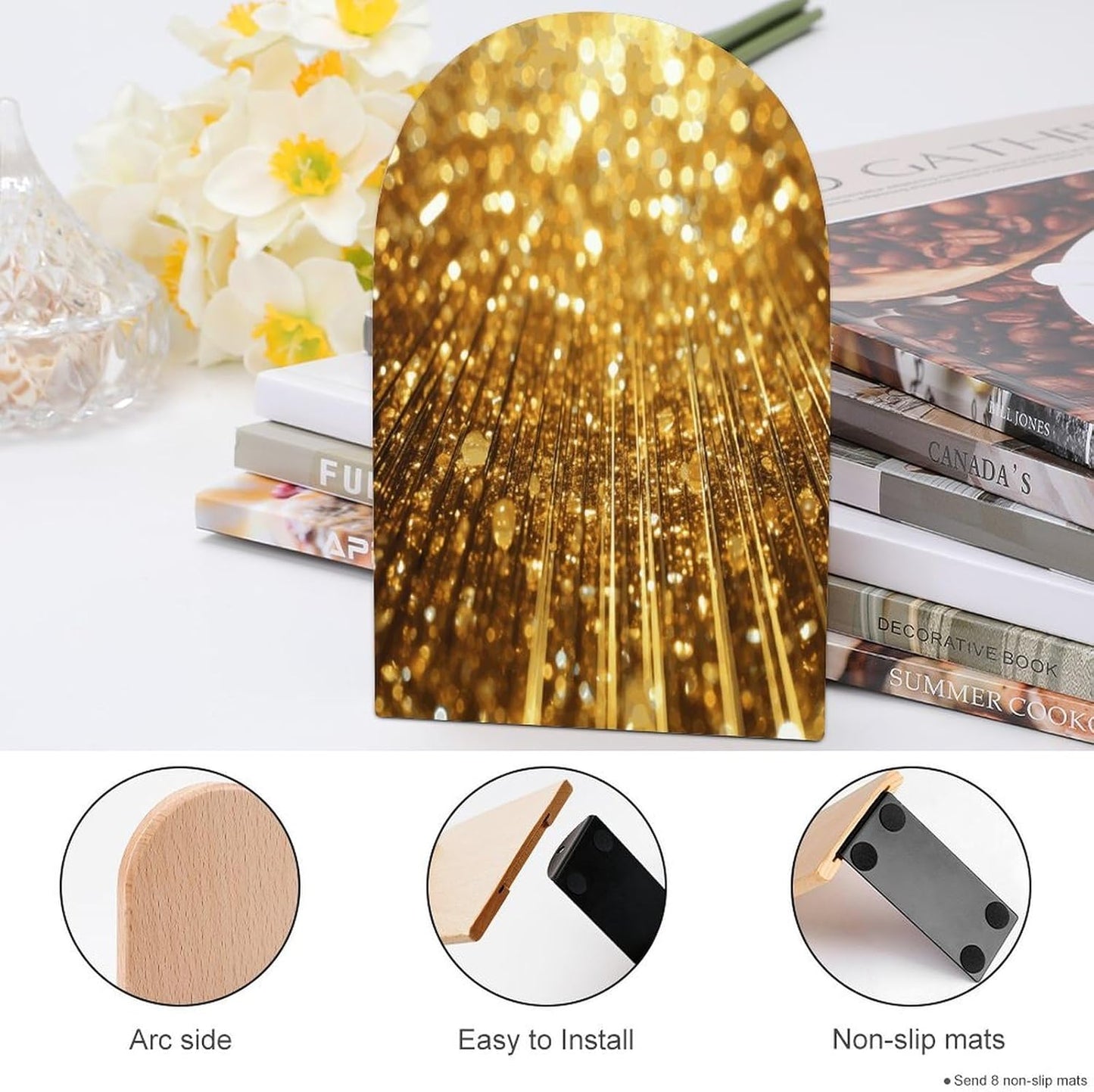 Gold Bling Bookend for Shelves Wooden Book End Large Size Sturdy Book Holders Stoppers with Metal Base for Bookshelves Slick Decorative Bookends Stands