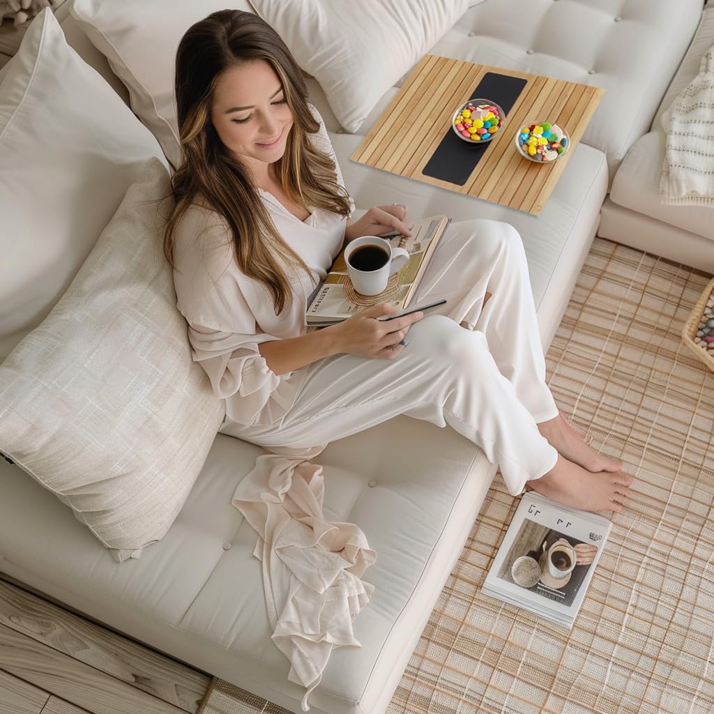 Bamboo Sofa Arm Tray: Sustainable Drink Holder & Organizer - Non-Slip Couch Armrest Protector with Coaster Functionality