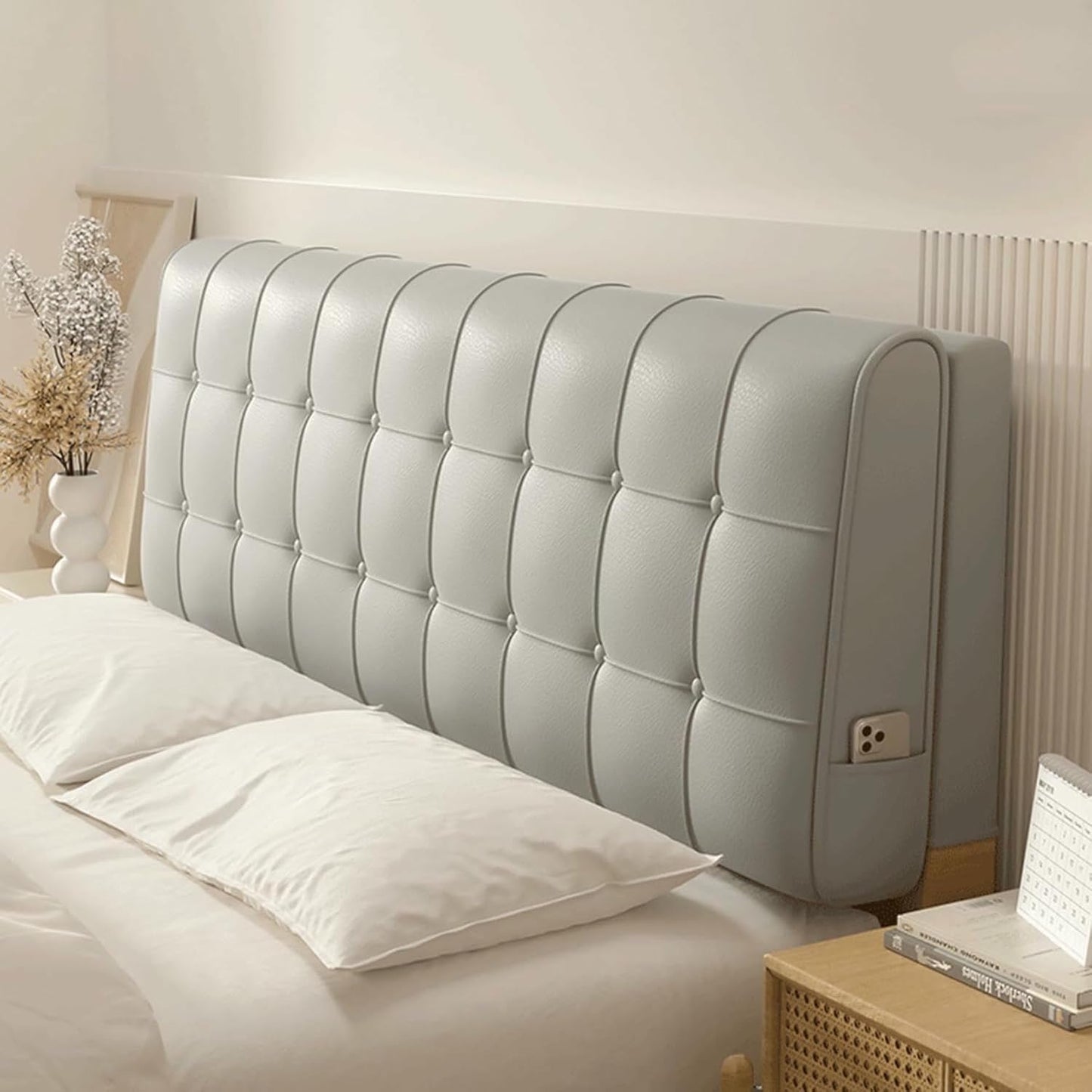 Bed Backrest Faux Leather Headboard Cushion Rectangle Reading Pillow Large Support Bolster Bedside Cushion for Daybed Bed Bunk Bed Removable Upholstered,Khaki,Straps/79x23x4In
