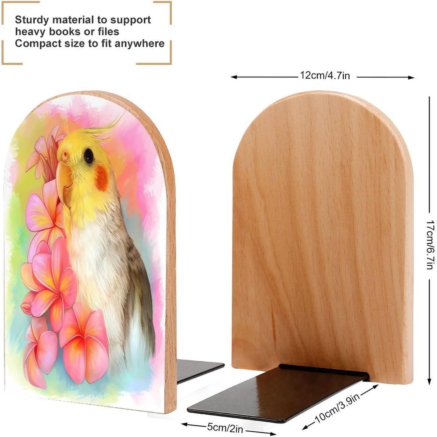 Cute Cockatiel Wooden Bookend Non-Slip Book Ends Heavy Duty Book Stopper with Metal Base Books Holderd Decorative Bookends Stands Firmly for Office Supplies