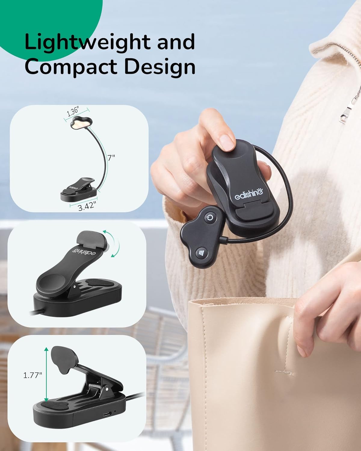EDISHINE Book Light for Reading at Night in Bed, Portable Clip-on Lamp, 3 Color Modes & Stepless Dimmable, Eye Care LED USB Rechargeable Light for Readers, Kids, Bookworms, Travel (Black)