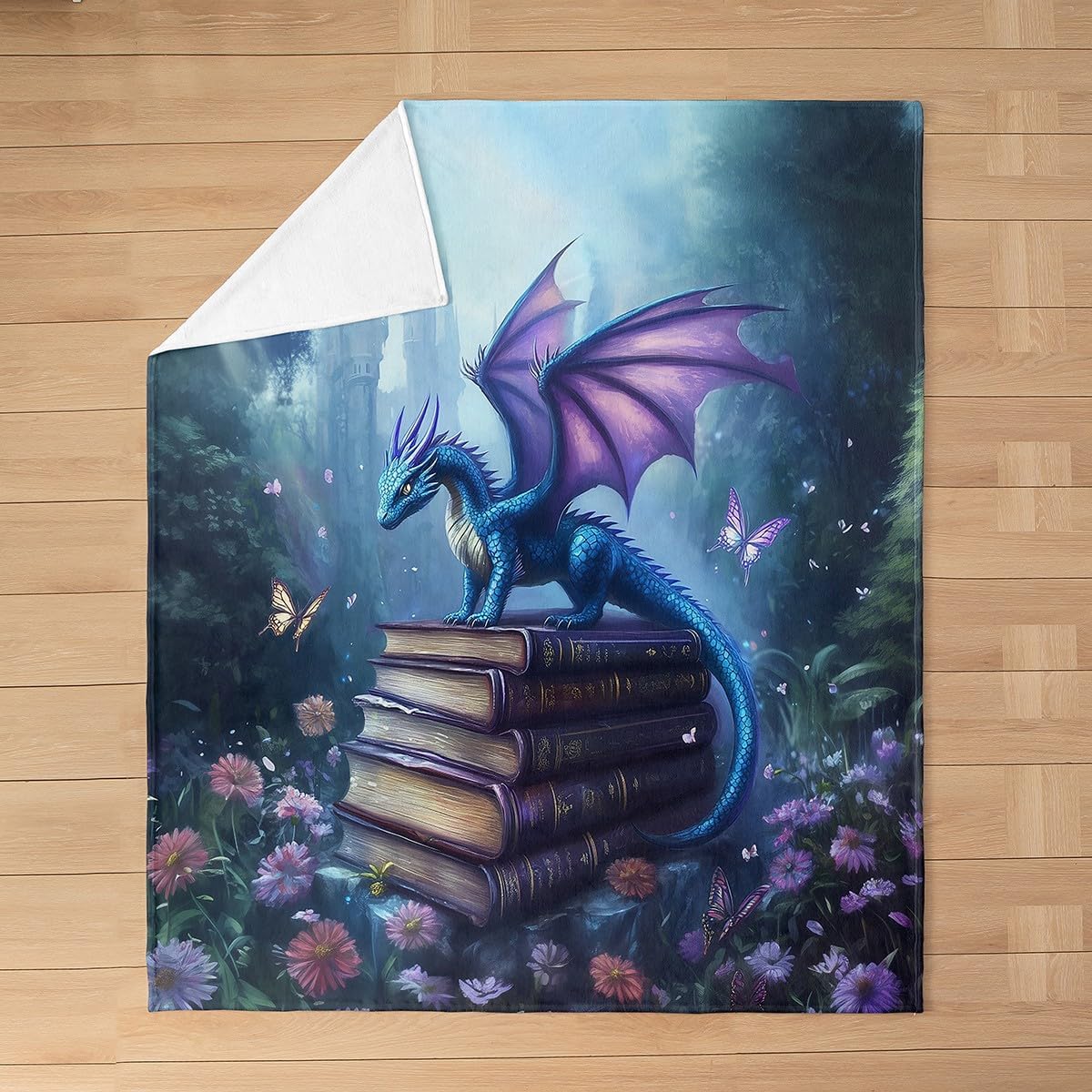 Western Dragon Flannel Blanket,Butterfly Daisy Flowers Castle Mystic Throw Blanket,Reading Books Wild Animal Cozy Throws for Bed Couch Sofa,Blue Soft and Breathable,Throw Size (50 x 60 Inches)