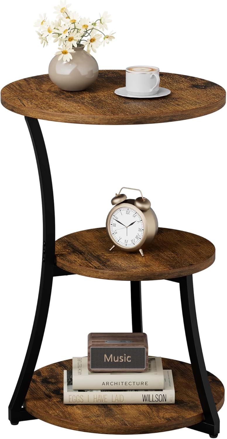 Round Side Table, 15.7" 3-Tier End Table for Living Room, Vintage Accent Table for Small Spaces with Sotage Shelf, Nightstand Wood Metal Coffee Table for Sofa Couch Bedroom, Rustic Brown, Large