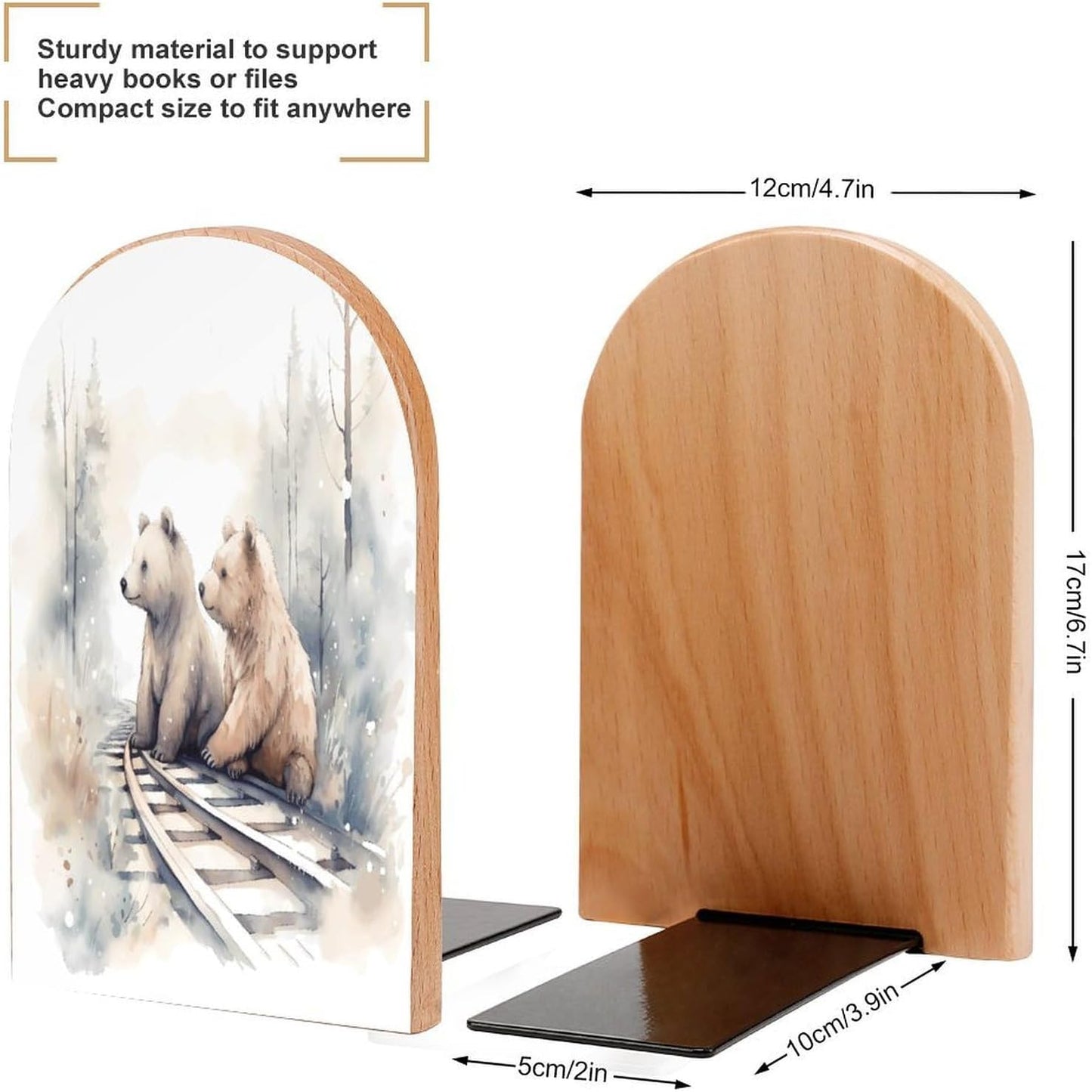 Bear on Train Tracks Bookend for Shelves Wooden Book End Large Size Sturdy Book Holders Stoppers with Metal Base for Bookshelves Slick Decorative Bookends Stands