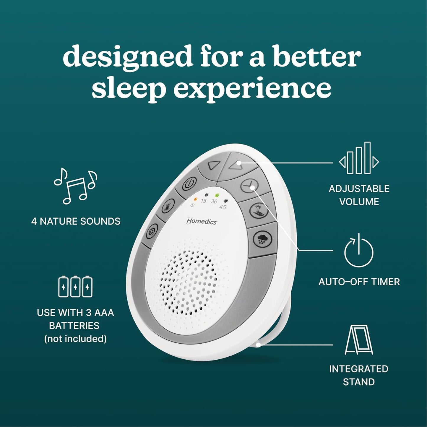 Homedics White Noise Sound Machine, Small Travel Sound Machine with 4 Relaxing Nature Sounds, Portable Sound Therapy for Home, Office, Nursery, Auto-Off Timer, by Homedics