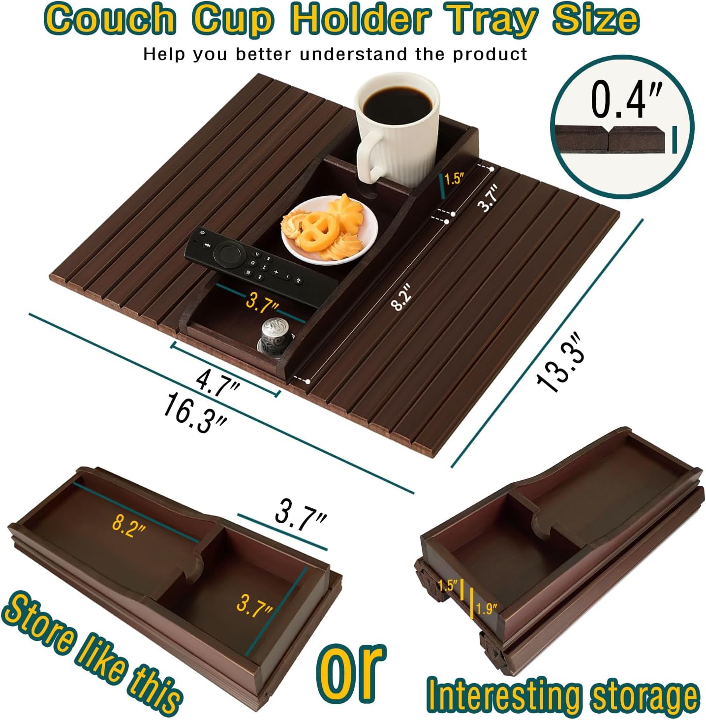 Bamboo Couch Cup Holder Arm Tray Table，Couch Drink Holder，Sofa Cup Holder Armrest Tray，Anti-Slip Foldable Arm Chair Table Tray Recliners for Drink,Cups, Snacks, Phone, Remote