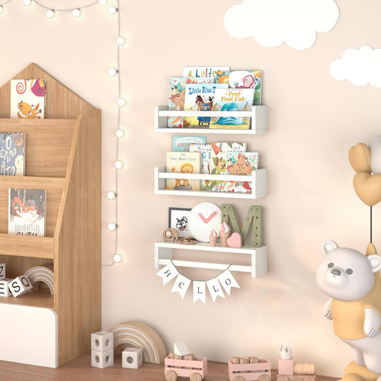 Floating Nursery Book Shelves for Wall, 15.7 Inch Nature Solid Wood Wall Mounted Bookshelf Set of 3, Hanging Bookshelves for Kids Room, Bedroom Nursery Decor and Book Storage (White)