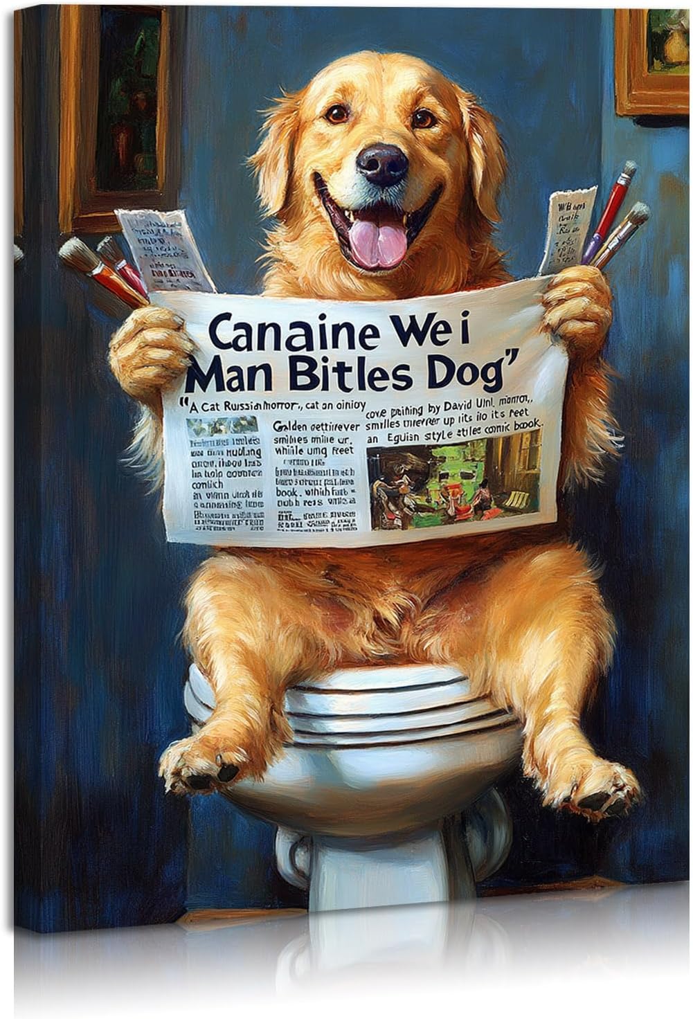 DEORAIO Golden Retriever Reading Newspaper on Toilet Wall Art Funny Pet Picture Bathroom Decor Modern Home Humor Framed Ready to Hang 12x16 inches