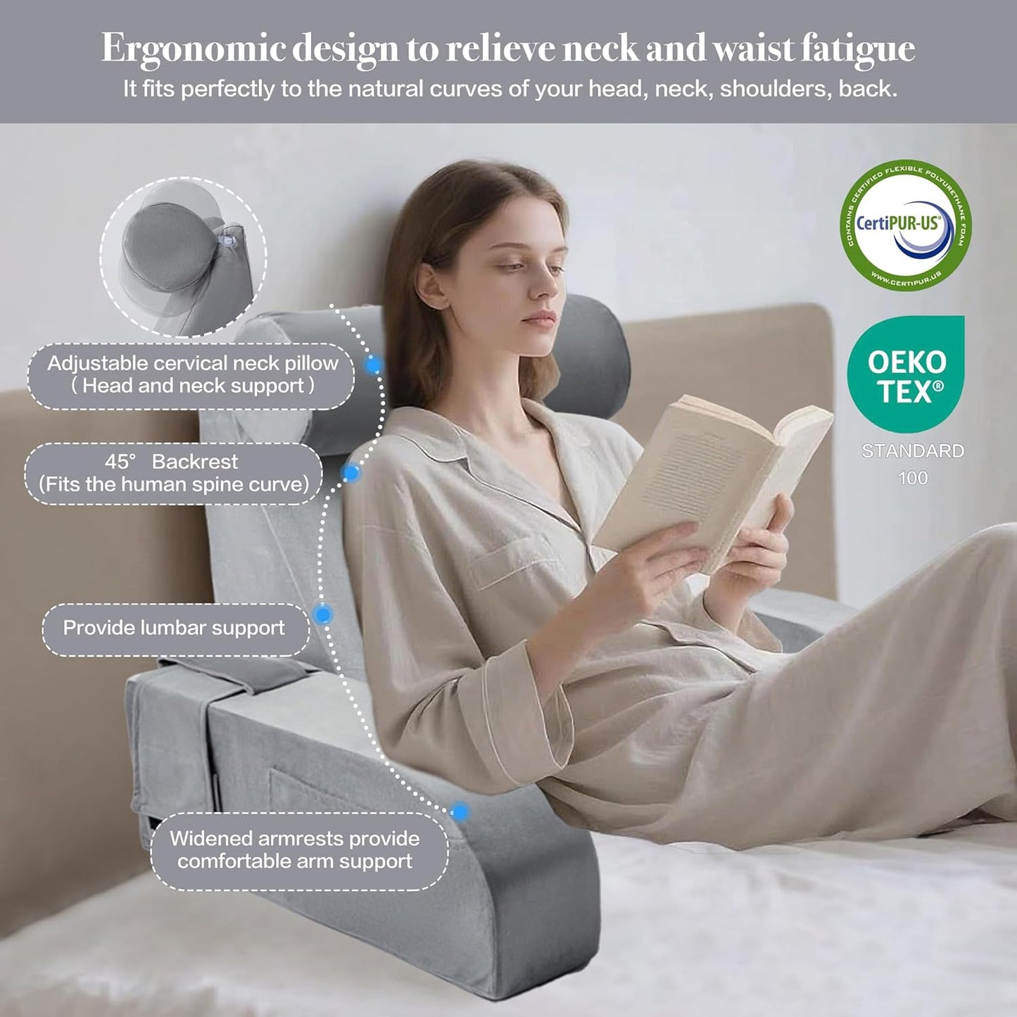 Reading Pillow for Sitting in Bed Adult Multi-Function Grey Back Pillow Bed Chair with Arm Rest Big Pockets, Backrest Support Pillow for Gaming/Resting/TV/Bedrest/Couch/Floor