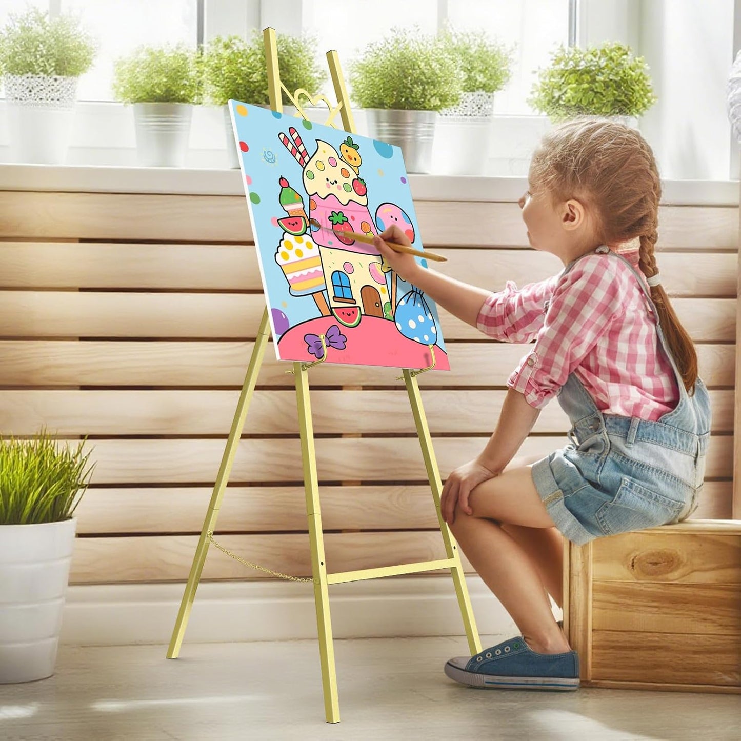 55" Gold Easel Stand for Sign, Heavy Duty Display Easel with Adjustable Chain, Heart-Shaped Envelope Design Art Easel for Paintings, Wedding Sign, Posters, Mirrors, Artwork Etc