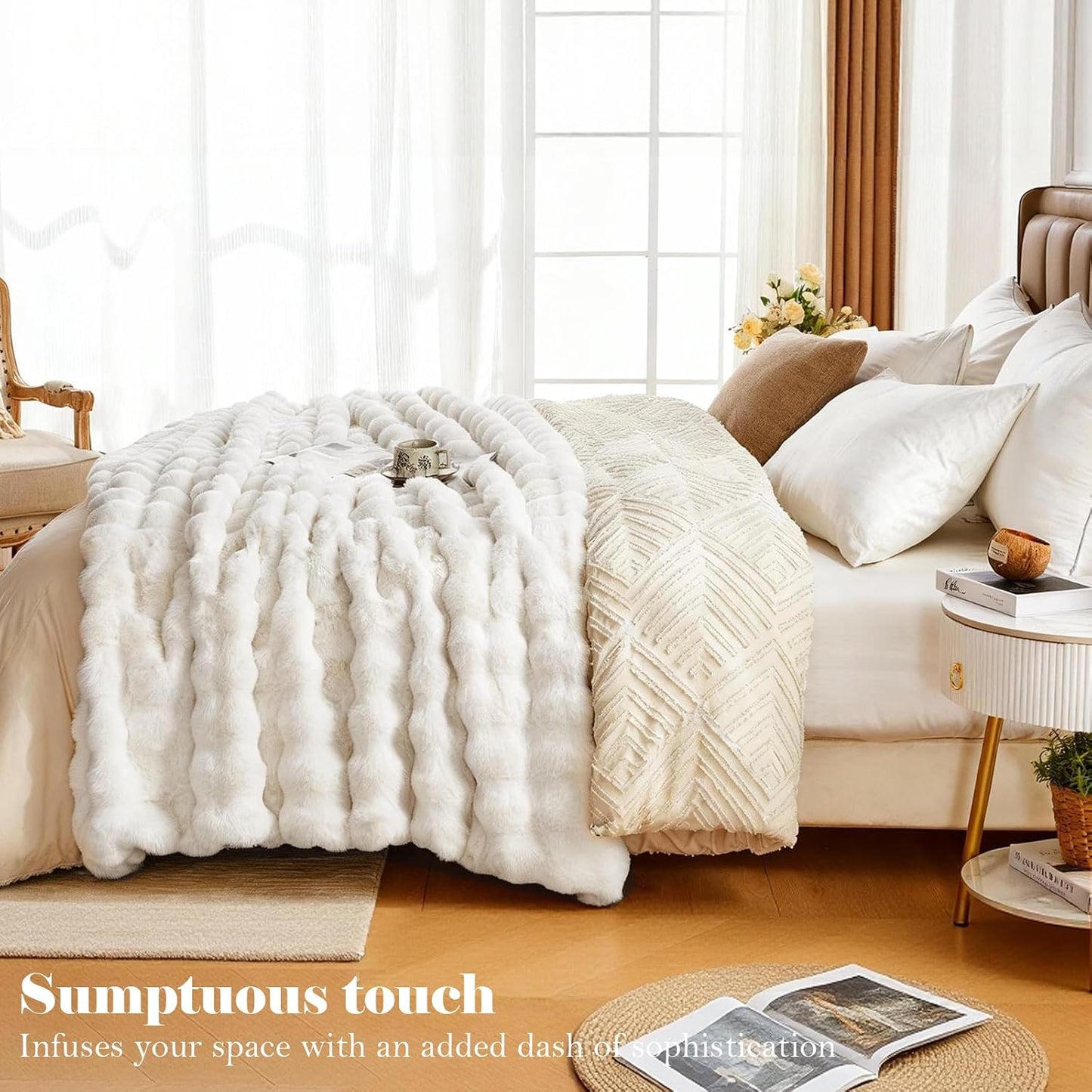Faux Fur Twin Blanket for Couch, 1000 GSM Cozy Fuzzy Fluffy Soft Plush Thick Bubble Sherpa Blanket for Sofa Bedroom Living Room, Mothers Day Birthday Gifts for Women Home Decor