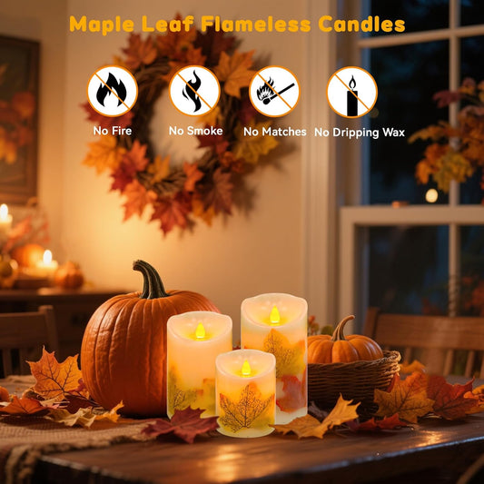 Flameless Candles Lights,Set of 3 Maple Leaf Flickering LED Candles with Remote & Timer, Dimmable LED Pillar Candles Battery Operated, Electric Candles for Thanksgiving Halloween Fall Harvest Decor
