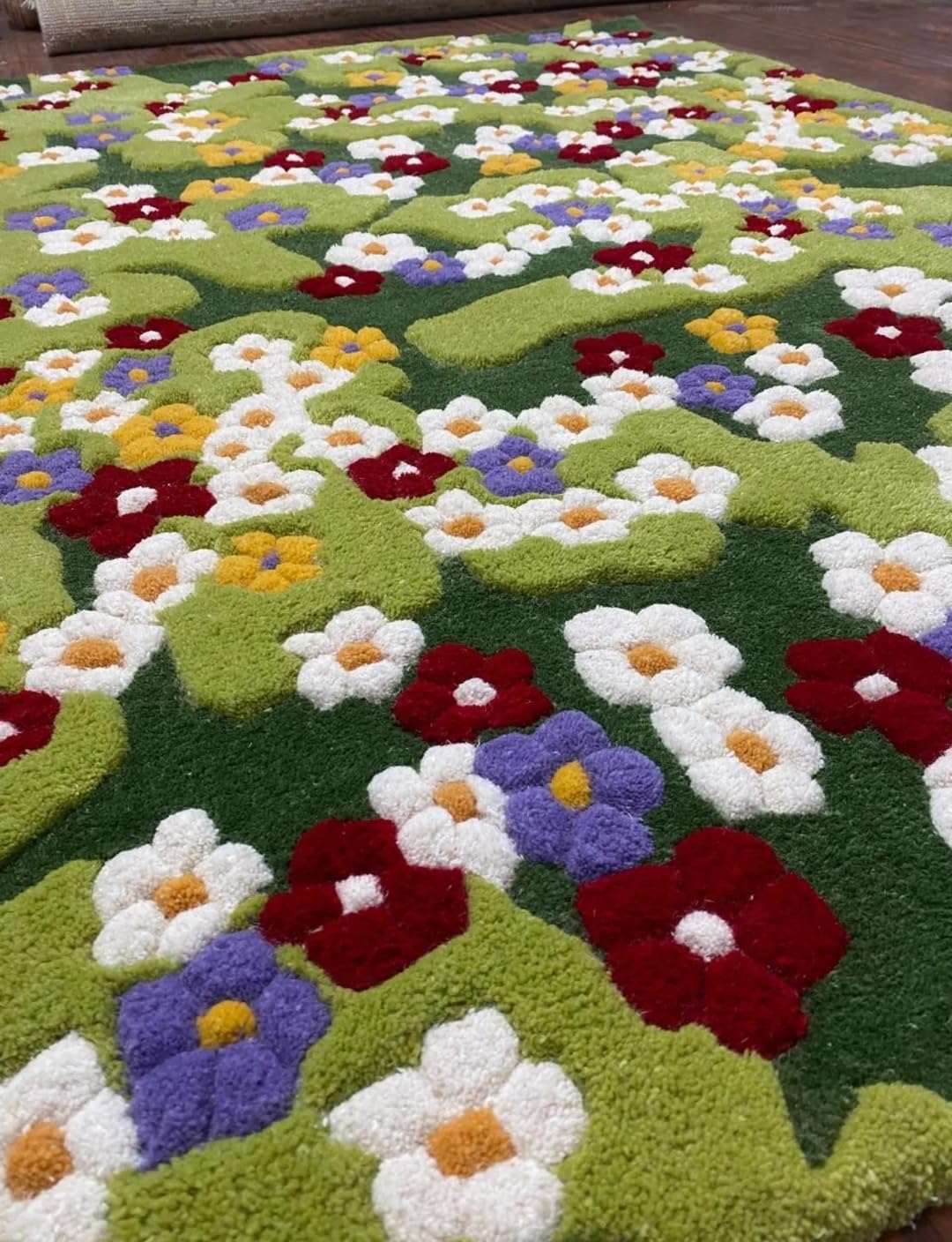 Floral Tufted Area Rug, Green Meadow Flower Pattern, Multicolor Daisy Design, Boho Style (10' x 13' Feet)