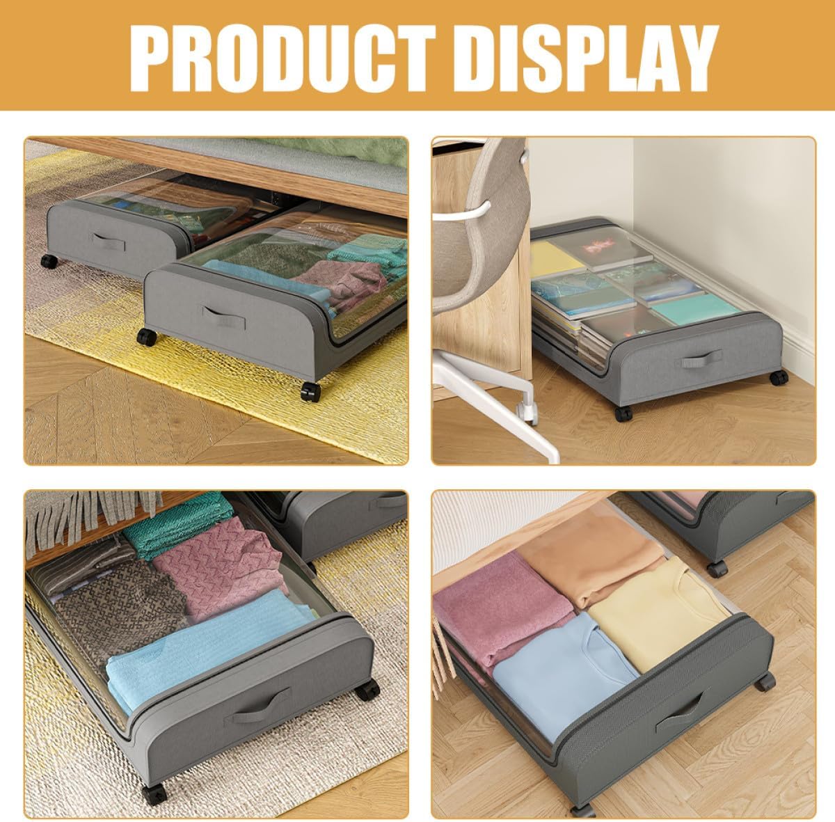 PRETYZOOM Bed Storage Cart with Wheels and Lid Gray Plastic Underbed Storage Box for Clothes and Bedding Organizer