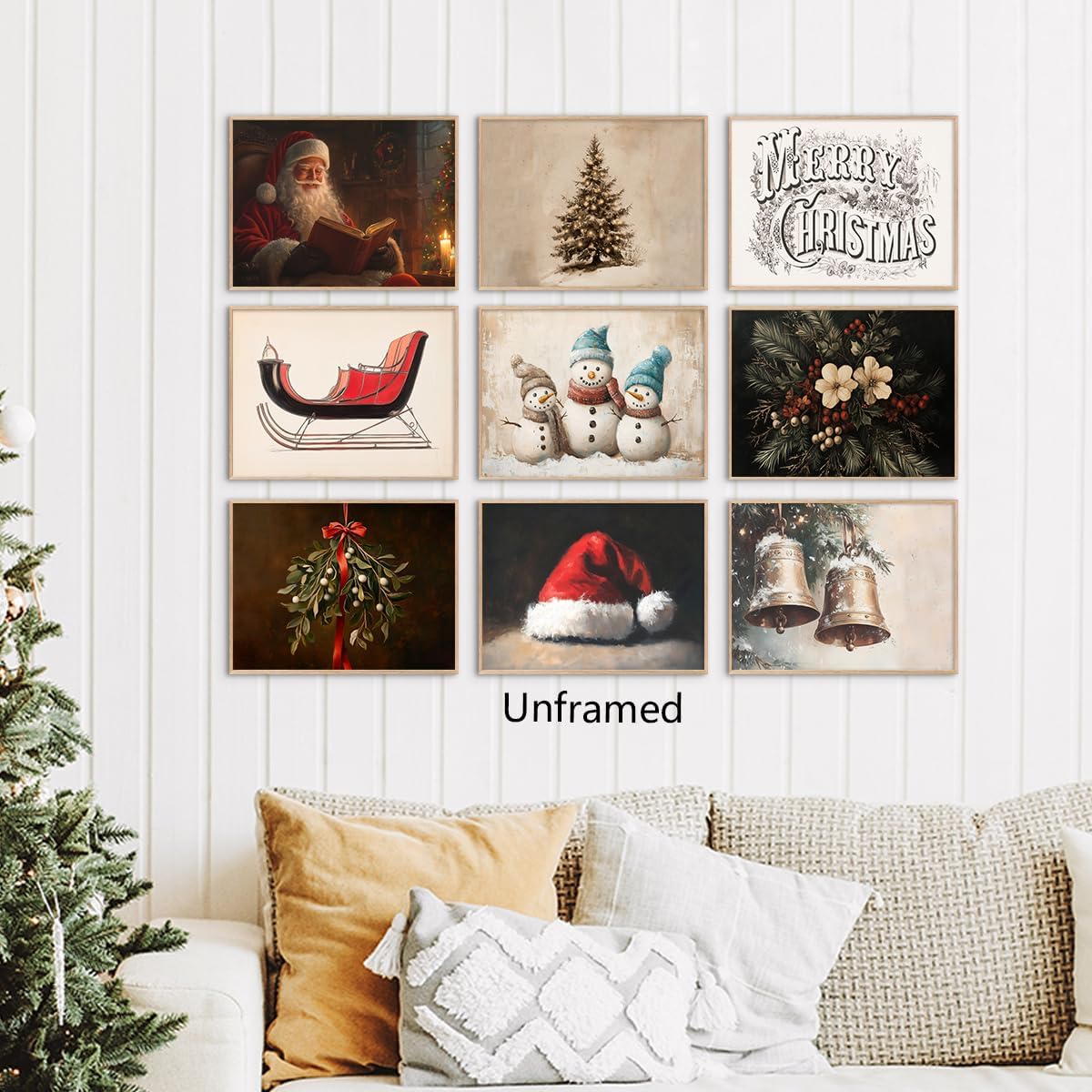 9pcs Christmas Canvas Wall Art, Vintage Santa Claus Reading Book Poster, Rustic Xmas Tree Painting, Warm Snowman Family Picture, Sleigh & Santa Hat Print, Flowers Christmas Prints 8x12in Unframed