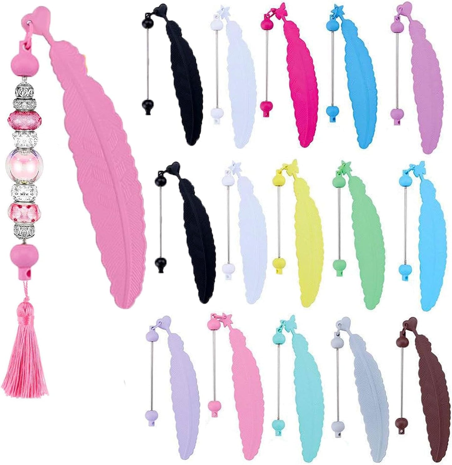 15 Packs Beadable Bookmarks with Bar Bulk Feather DIY Blank Bookmark for Beads Jewelry Pendants Charms Beading Book Make Marks Craft Colorful