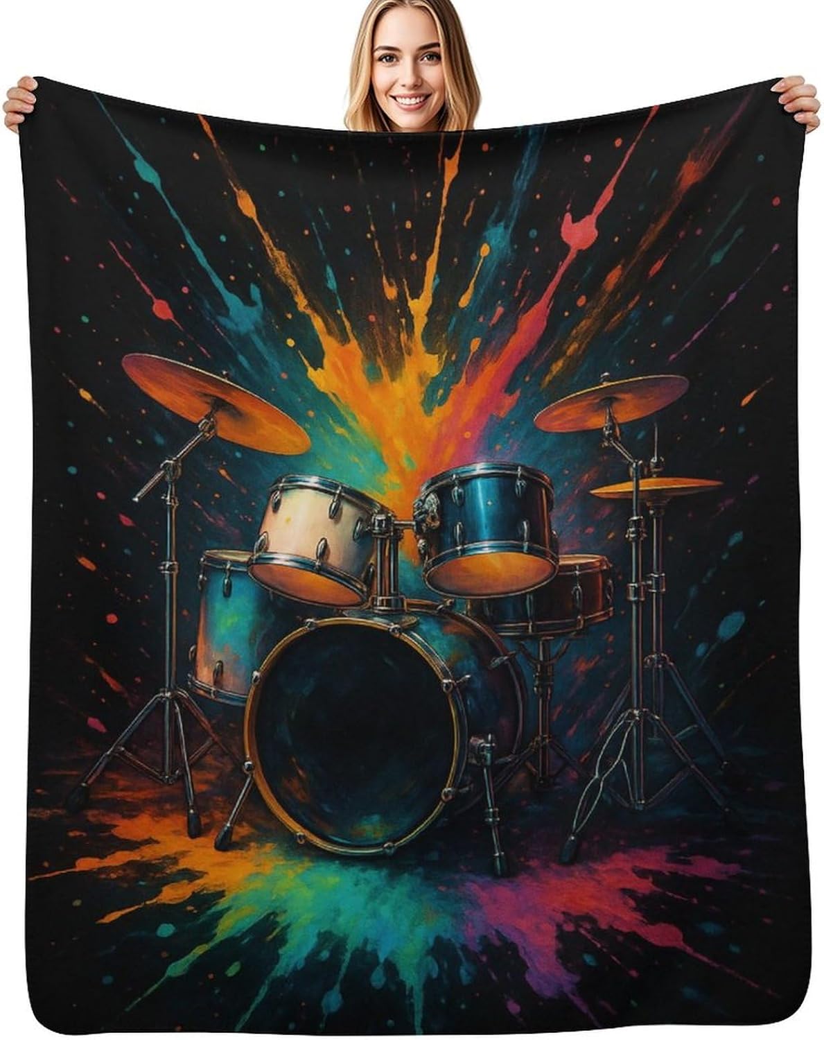 Drum Set Blanket Gifts for Women Kids, Colorful Drum Kit and Paint Music Fleece Blankets, Cozy Plush Flannel Throw for Couch, Bed, Living Room Decor 50"x60"