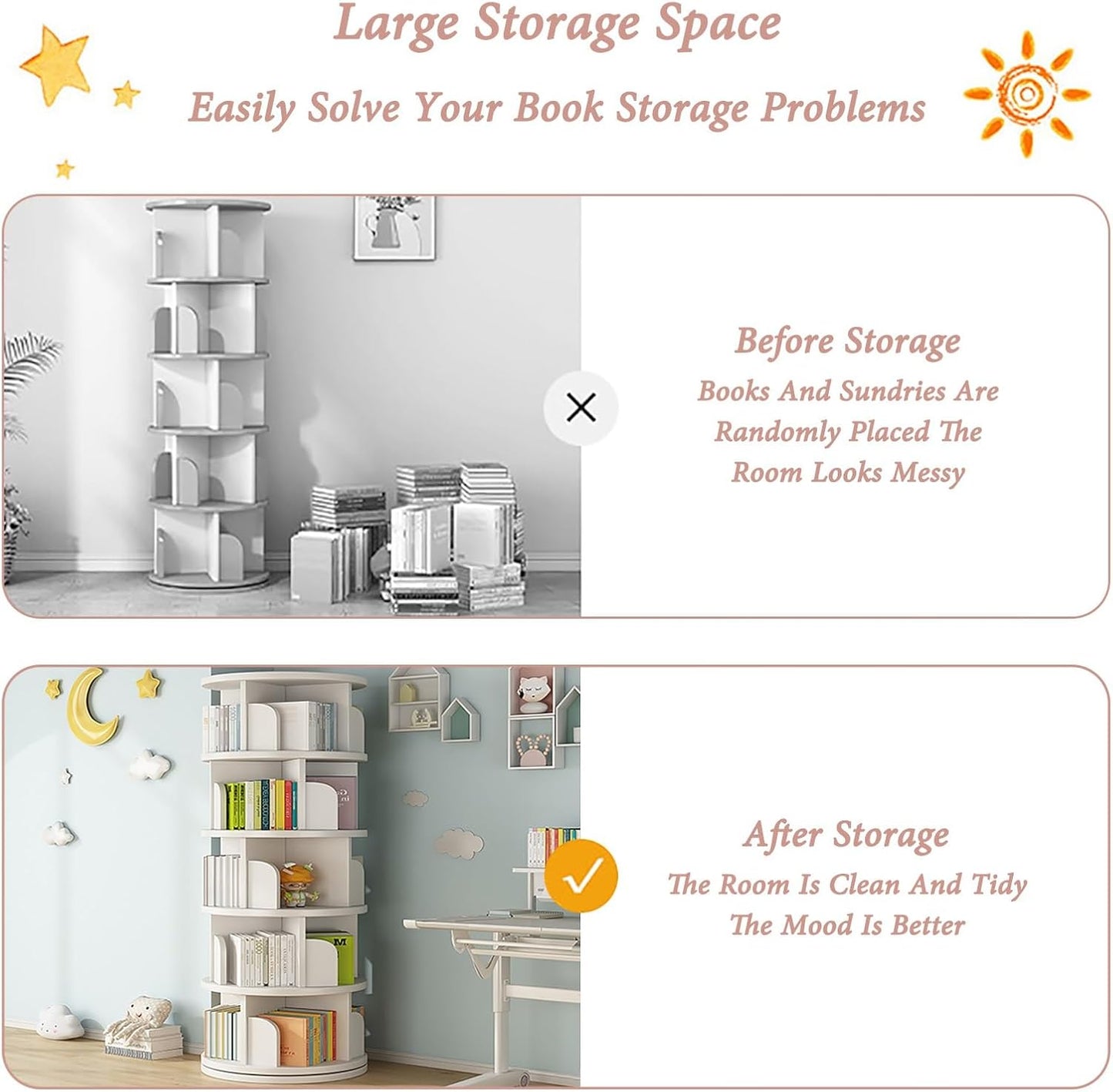 ELZEM Rotating Bookshelf 5 Tier 360° Revolving Bookcase Corner Round Bookcase White Spinning Book Shelf Stackable Bookshelf Organizer Display Cabinet for Office Home Living Room