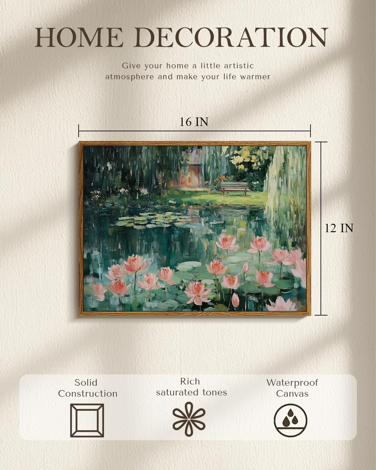 WHASAYART Vintage 12x16 Framed Lotus Pond Floral Wall Art, Monet-Inspired Water Lily Canvas Print, Impressionist Garden Bench Landscape Oil Painting for Living Room Bedroom Entryway Office Decor