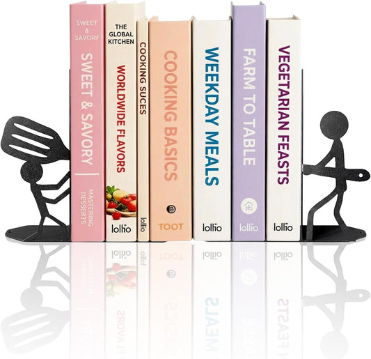 ENCIMART Bookends Decorative Metal Book Ends for Shelves, Kitchen Bookends for Heavy Books, Unique Cute Cookbook Organizer Book Holder for Kitchen Housewarming Cooking Book Lover Gifts