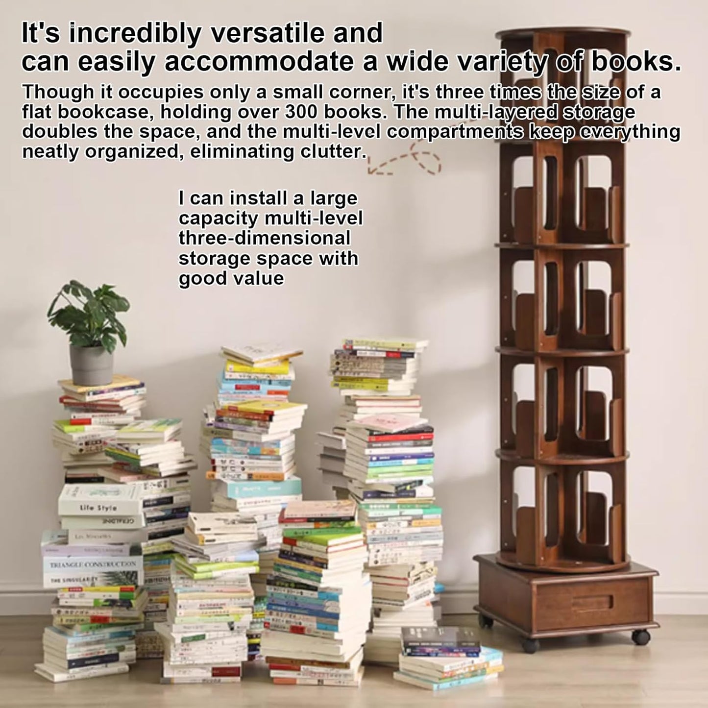 4/5/6 Rotating Bookshelf with Wheels 360 Degree Home Bookcase Living Room Full Solid Wood Floor Movable wall Shelf Suitable for Home Office Study(4th Floor)