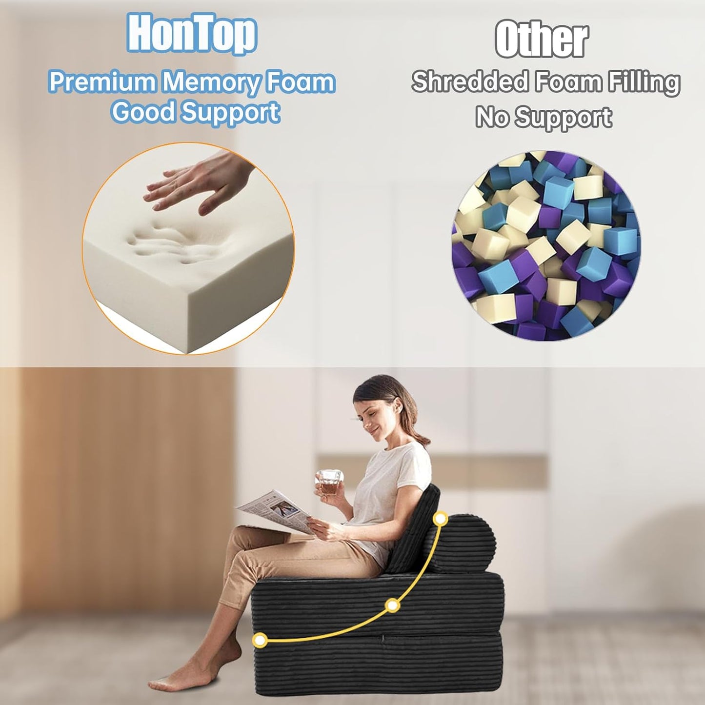 Folding Sofa Bed, Convertible Couch Chair with Pillow, Boneless Velvet Foldable Sleeper Sofa with Back Support, Portable Fold Out Lounger for Living Room, Apartment & Dorm, Dark Grey Corduroy | Lumbar Pillow