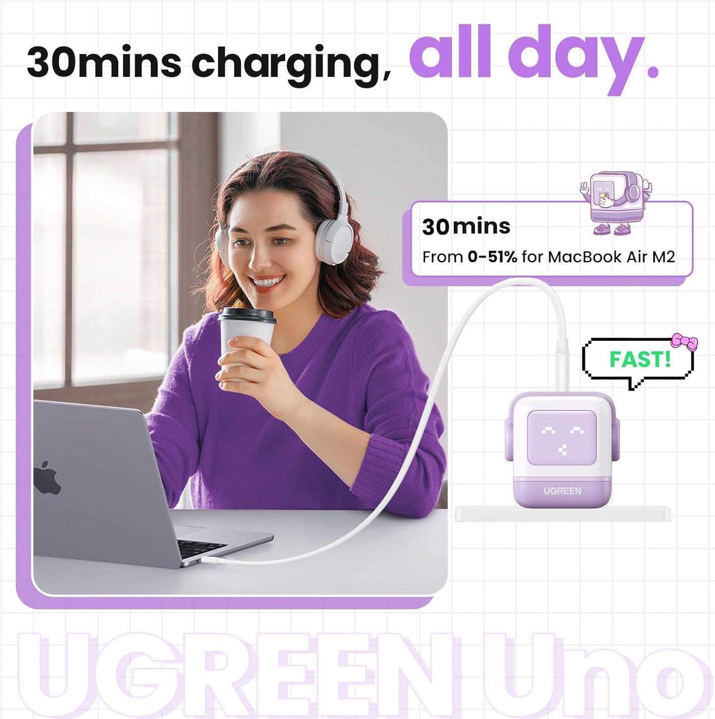 UGREEN Uno 65W USB C Charger Block, 3-Port GaN Fast Charging for iPhone 17, Galaxy S26, Gifts for Women with Bow, for MacBook Pro/Air/Neo, XPS, Galaxy S26/S25, Steam Deck, ROG Ally, Kawaii Purple