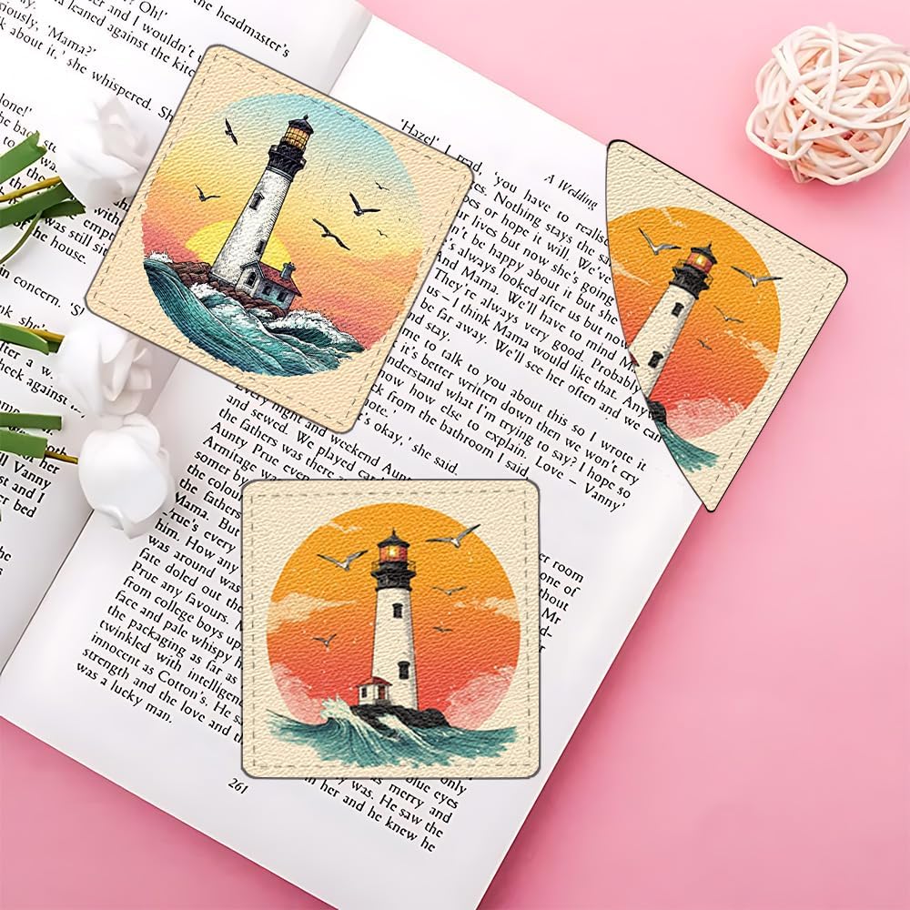 2 PC Bookmark Set, 3.54 x 3.54 Inch Lighthouse Ocean Sunset Design Reading Page Marker with Seagull and Wave Pattern for Students, Teachers and Book Lovers