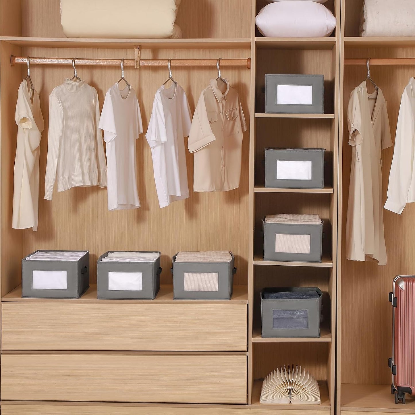 4 Packs Linen Storage Bins with Clear Window, Closet Organizers and Storage Containers with Handle, Large Storage Box Basket for Clothing, Jeans, Toys, Books, Shelves(18.50x11.02x7.87in.)