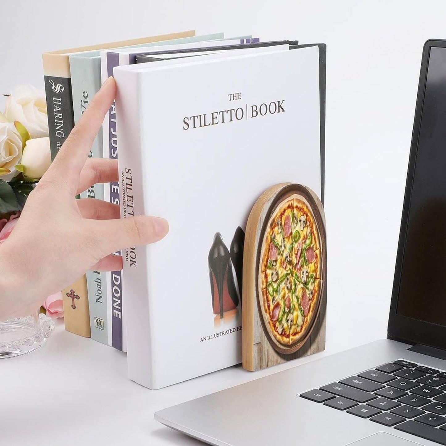 A Full Pizza Bookends 1 Pair Heavy Duty Book Ends for Shelves Non-Skid Bookend Supports Wooden Book Holders with Metal Base Desk Organizers Books Storage to Hold Books