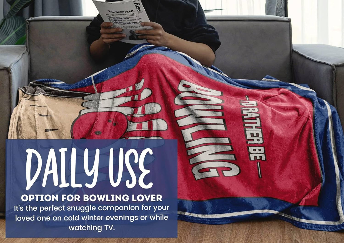 InnoBeta Bowling Throw Blanket - I'd Rather be Bowling - Flannel Blankets for Bowling Lovers - Bowling Gifts for Men, Women - 50" x 65" (Blue)