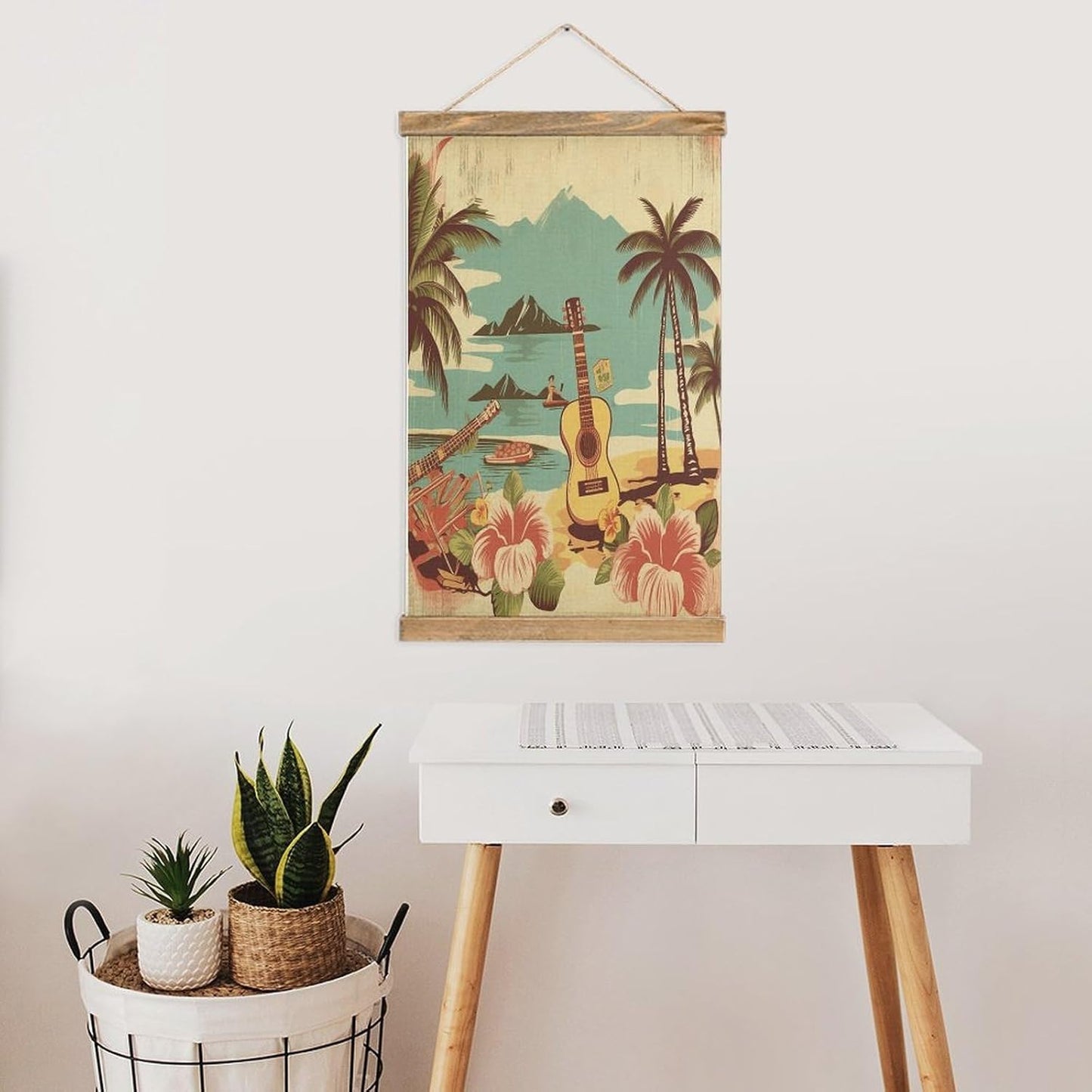 Vintage Vintage Hawaii Poster with Wooden Frame Personalized Linen Hanging Scroll Painting Rustic Wall Hanging Illustrative Modern Artwork Decor for Home Living Room Bedroom Office